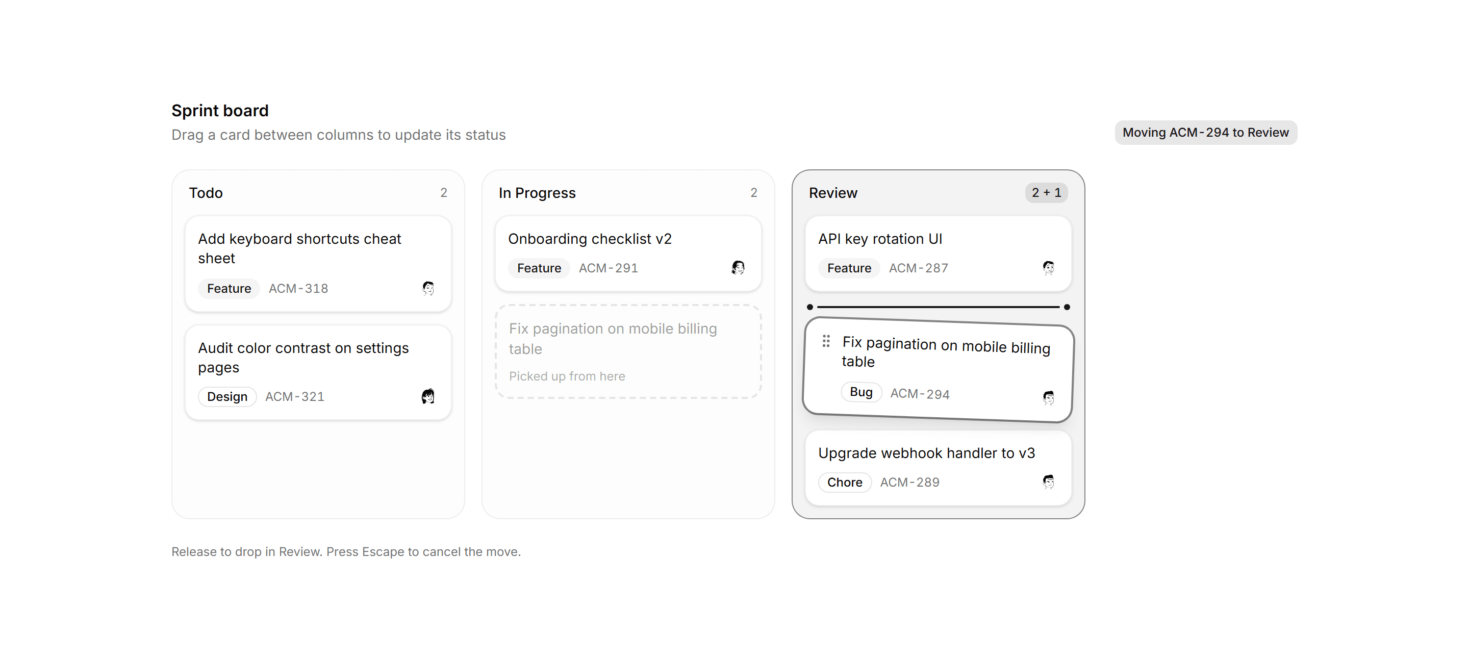 Application Kanban and Board: Drag State Board