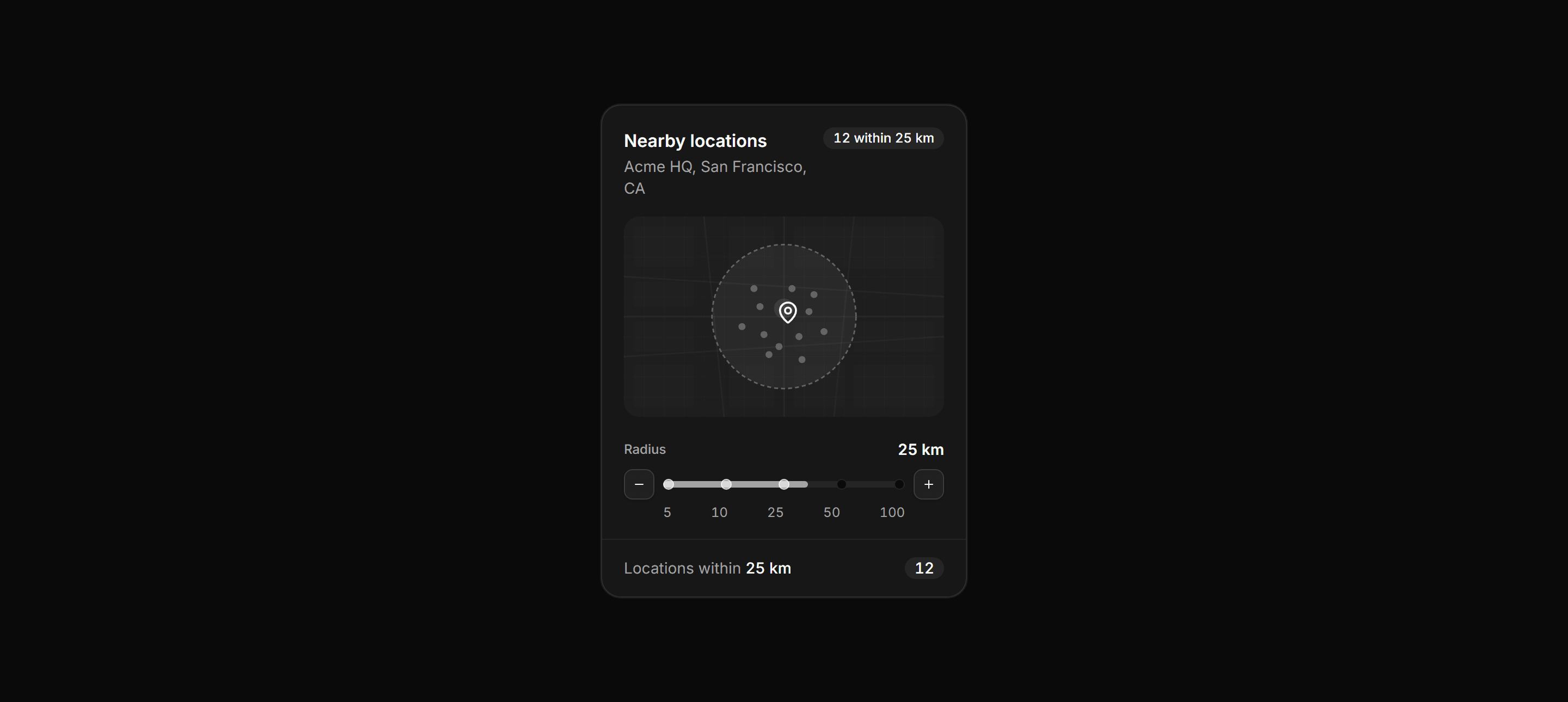 Application Maps and Location: Distance Radius Card