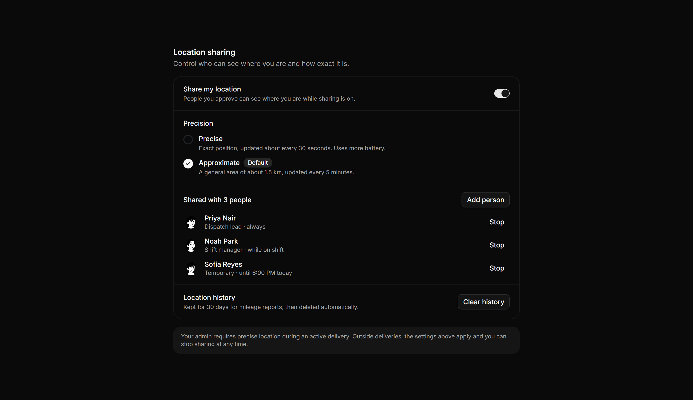 Application Maps and Location: Location Sharing Settings