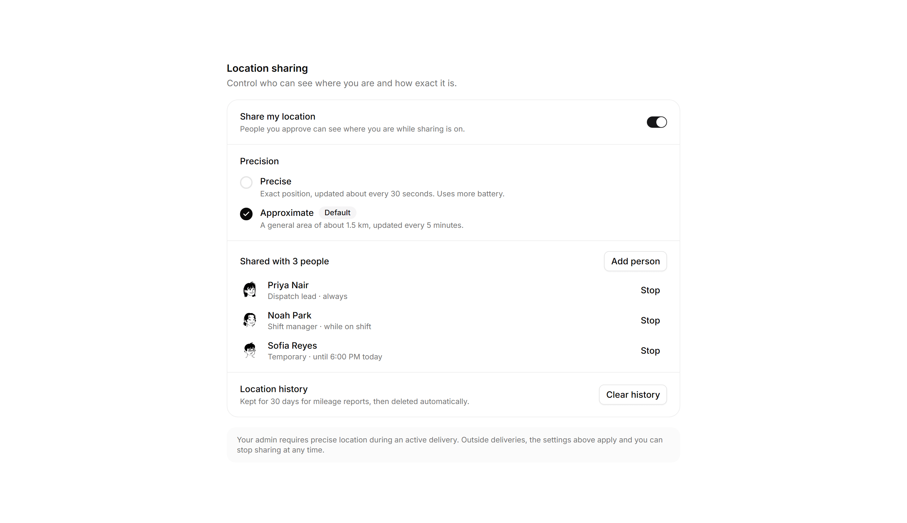 Application Maps and Location: Location Sharing Settings