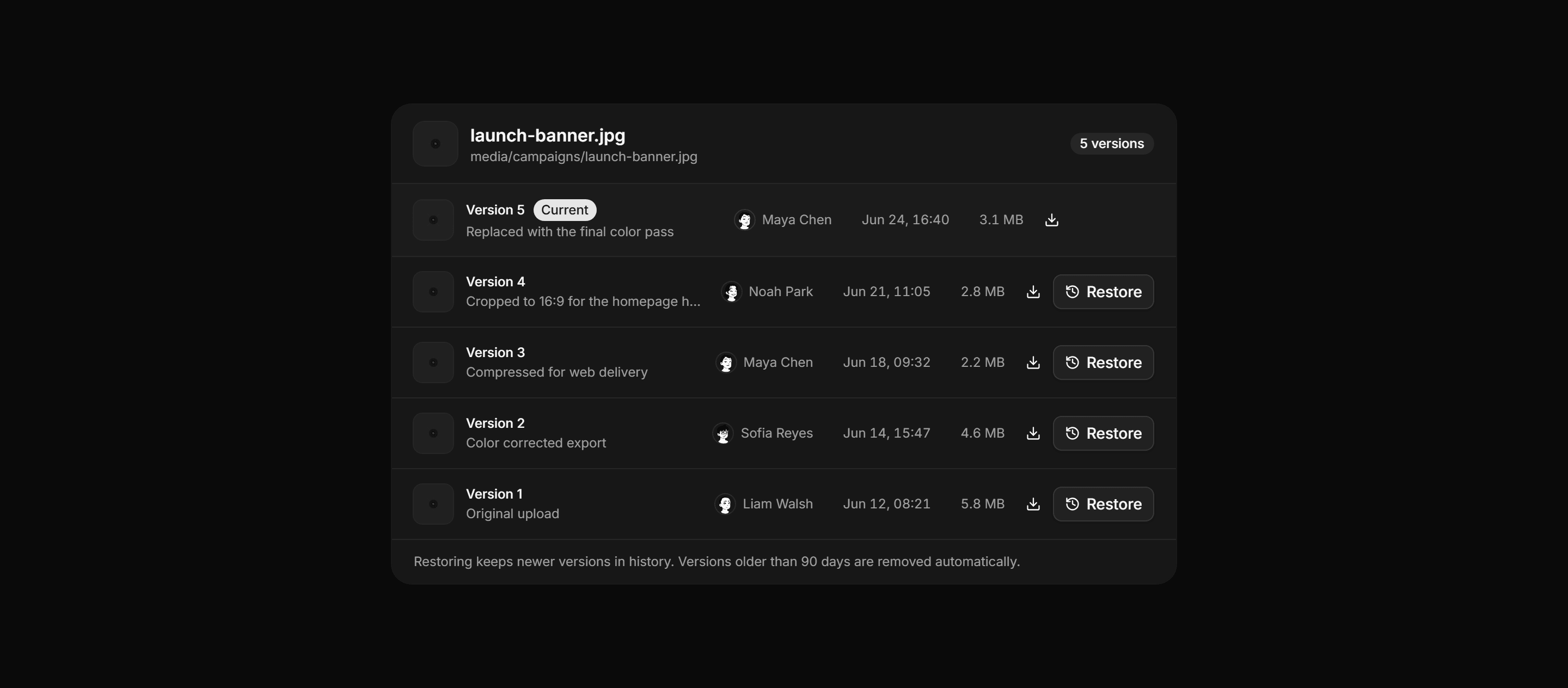 Application Media and Gallery: Asset Version History