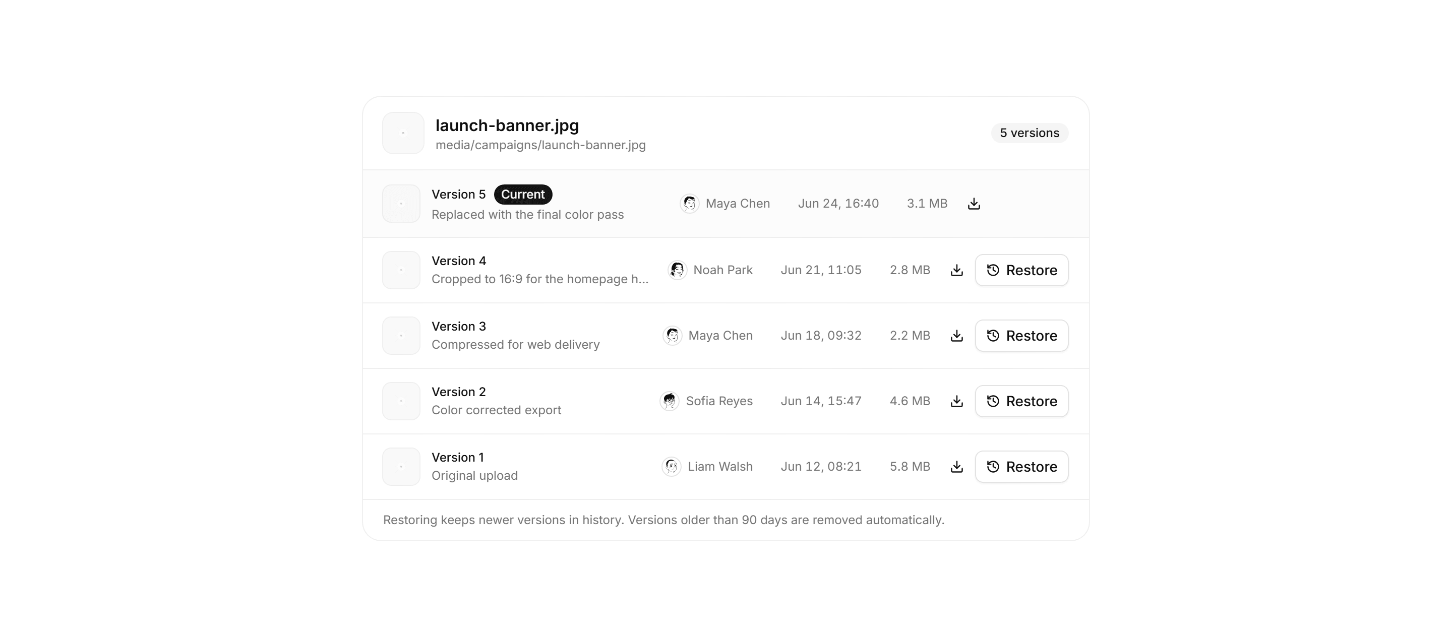 Application Media and Gallery: Asset Version History