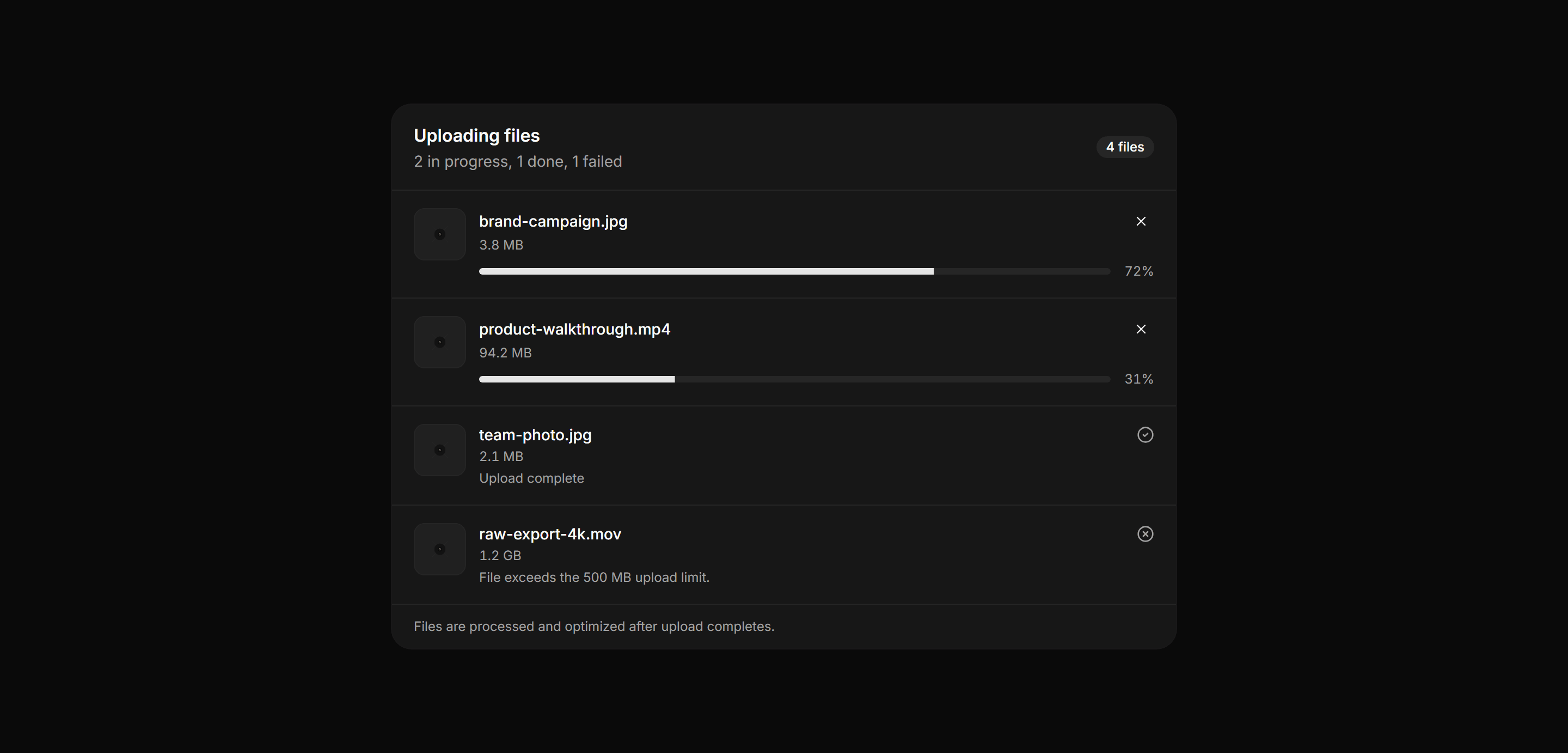 Application Media and Gallery: Upload Queue Panel