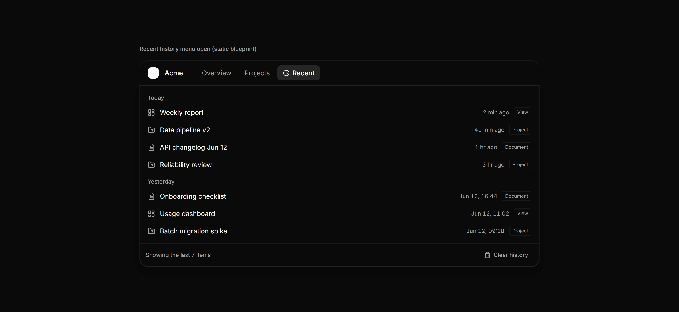 Application Navigation: Recent History Menu Blueprint