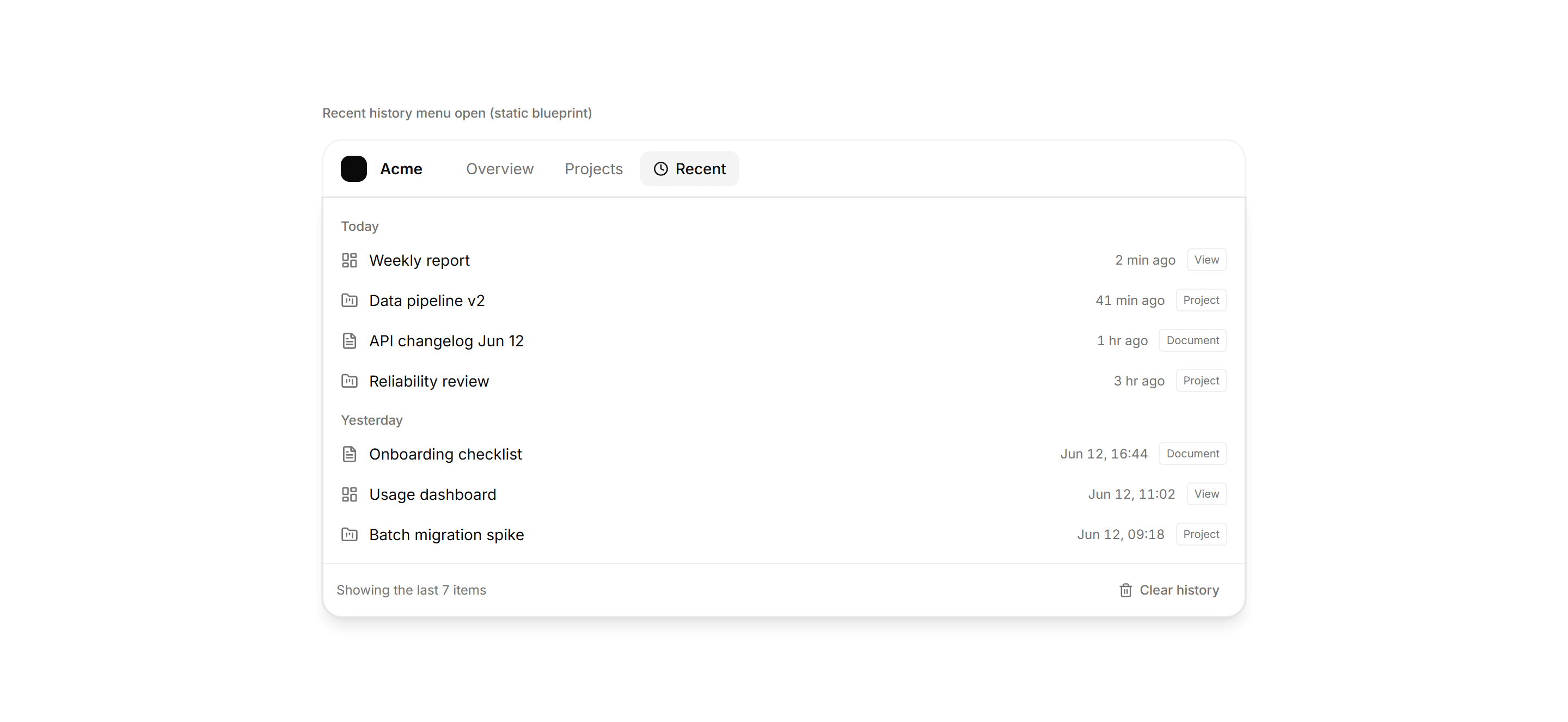 Application Navigation: Recent History Menu Blueprint
