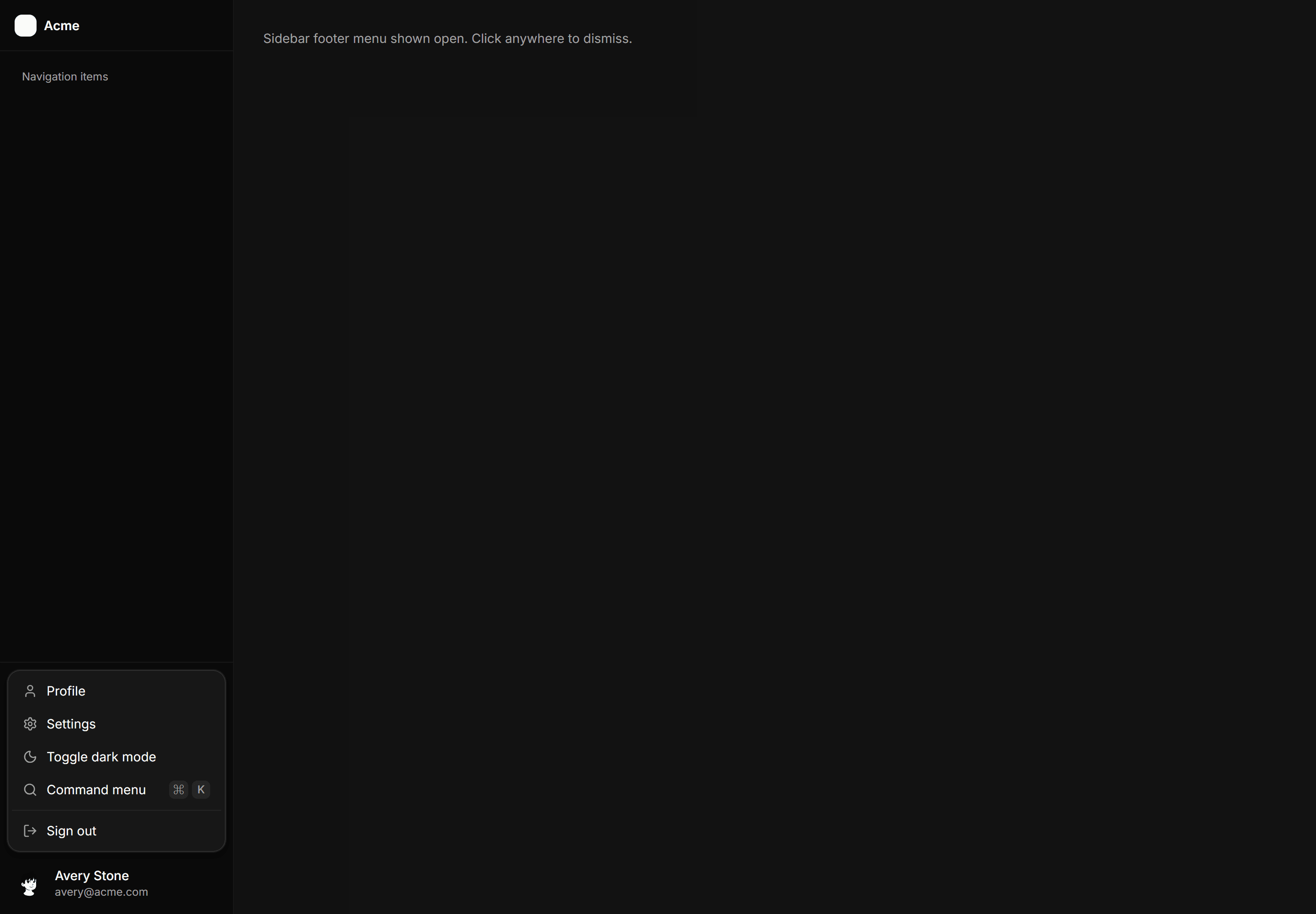 Application Navigation: Sidebar Footer Menu Open