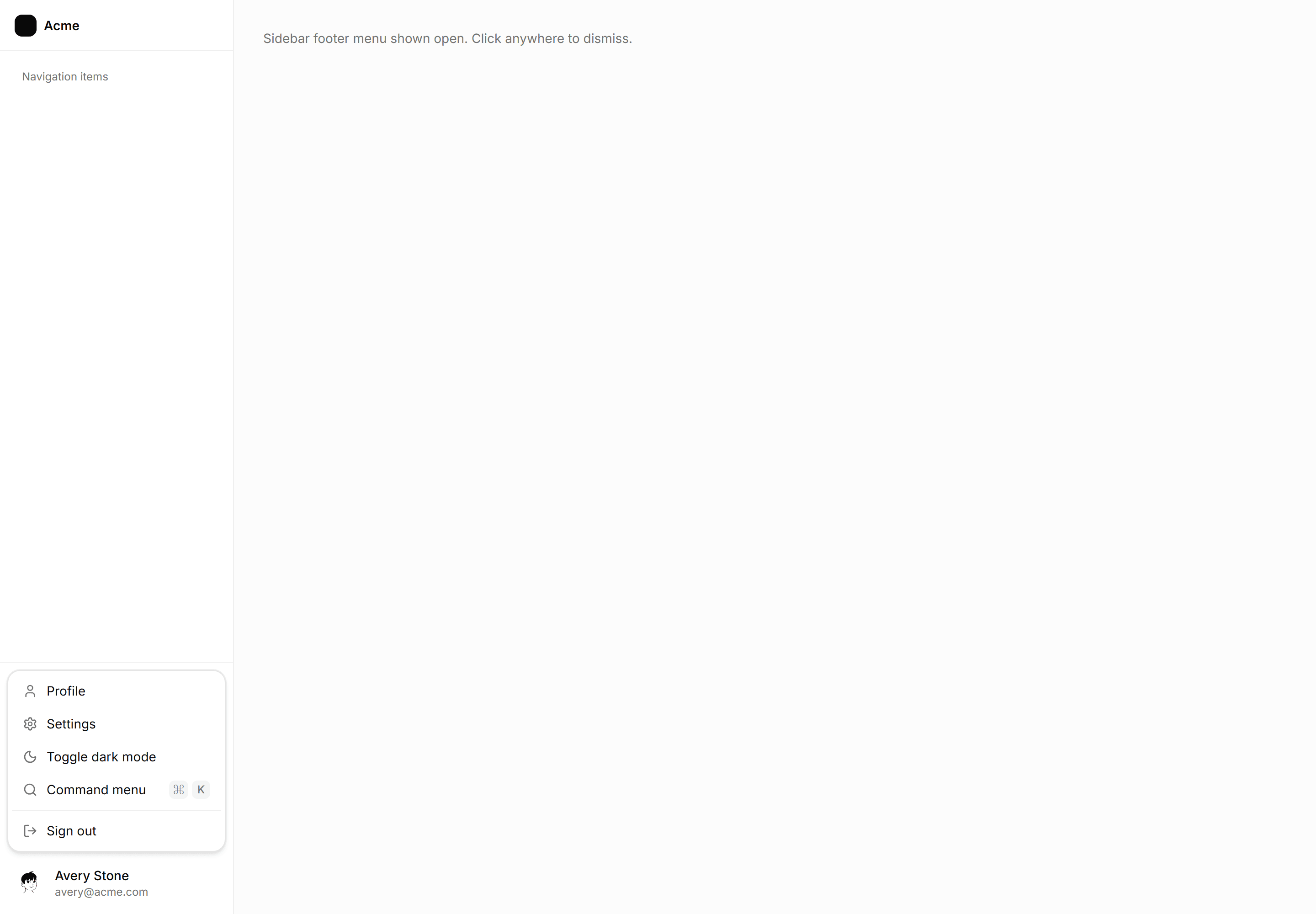 Application Navigation: Sidebar Footer Menu Open