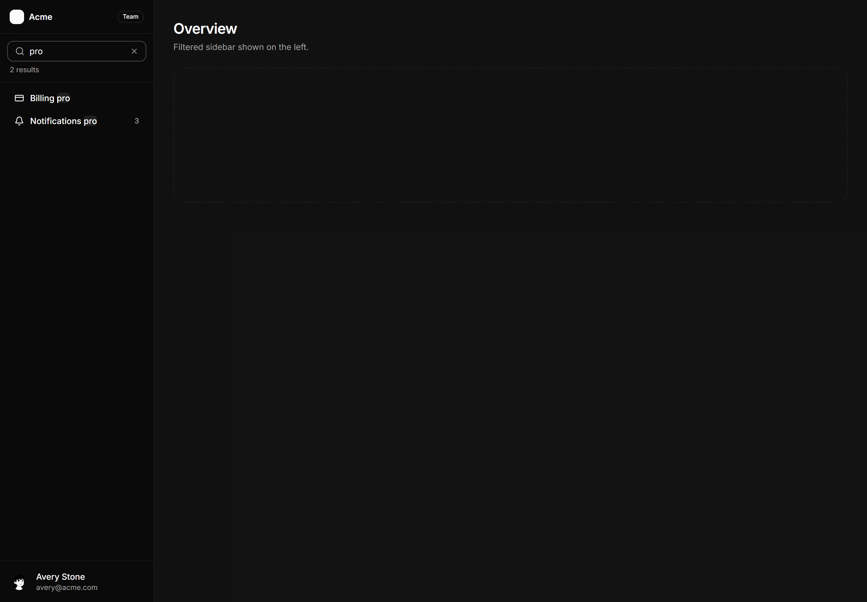 Application Navigation: Sidebar Search Results