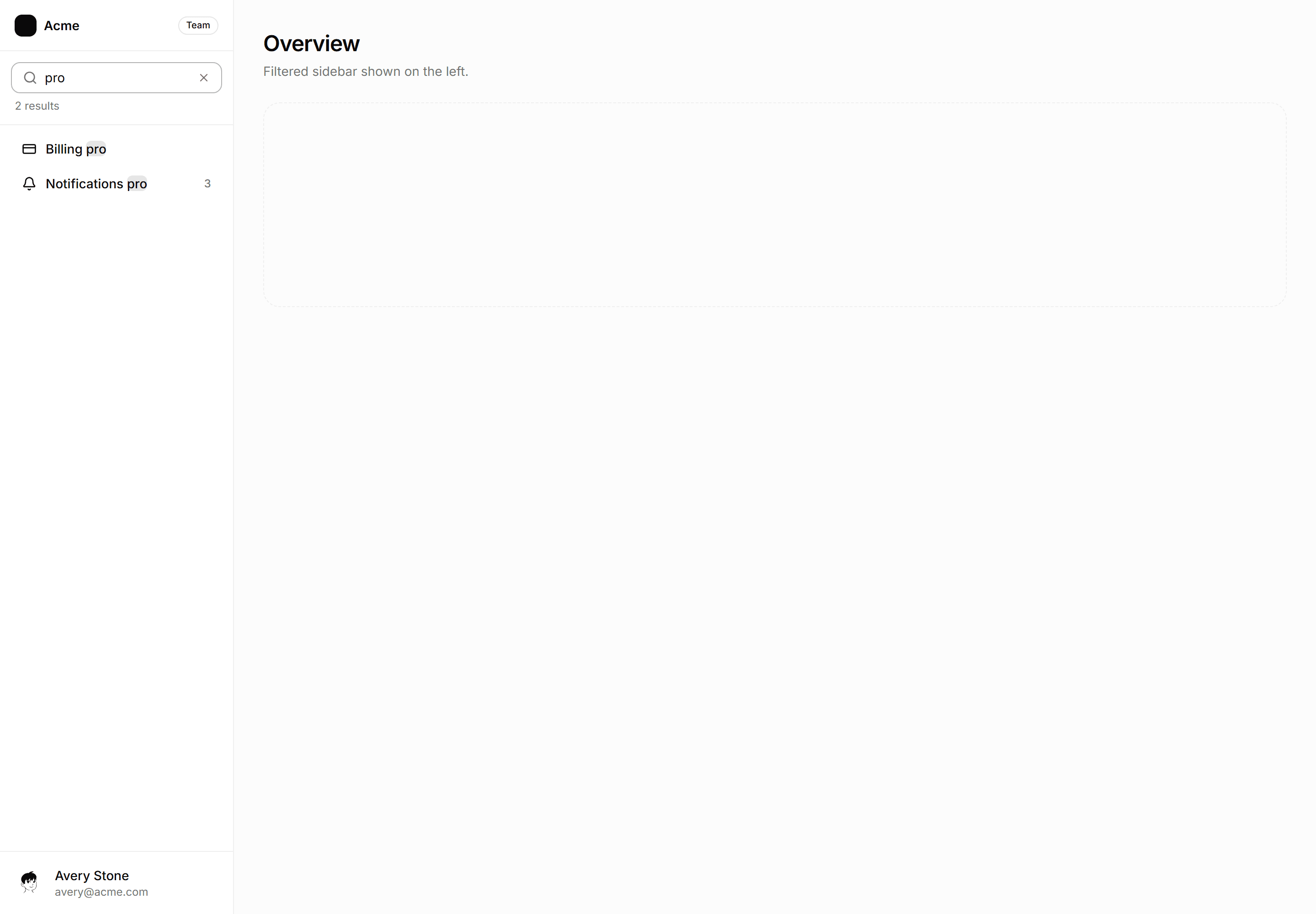 Application Navigation: Sidebar Search Results