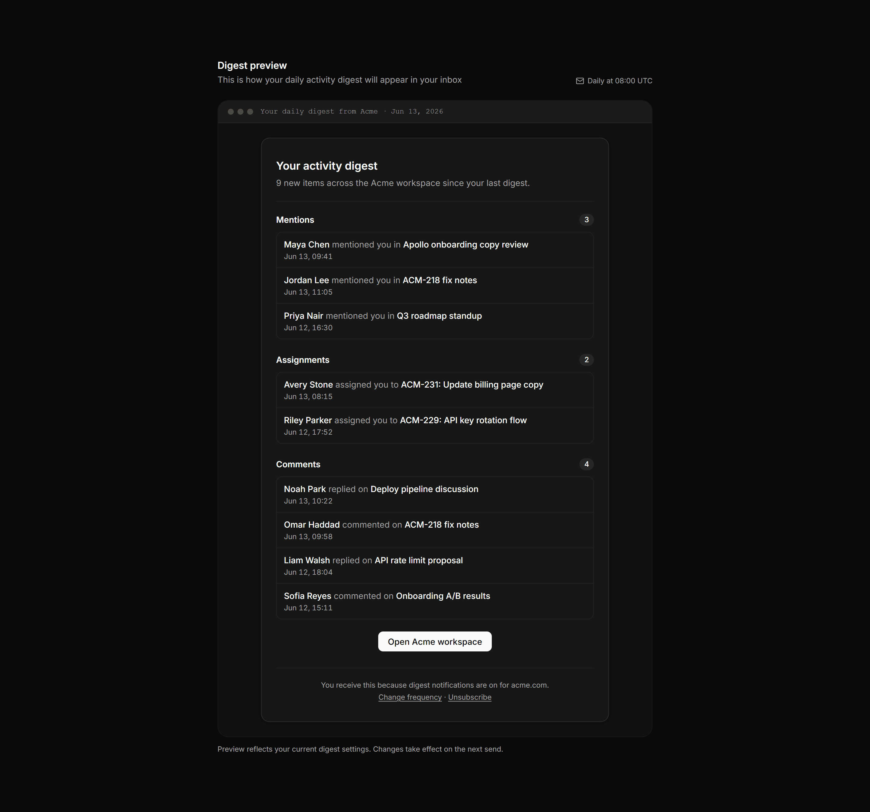 Application Notification: Activity Digest Email Preview