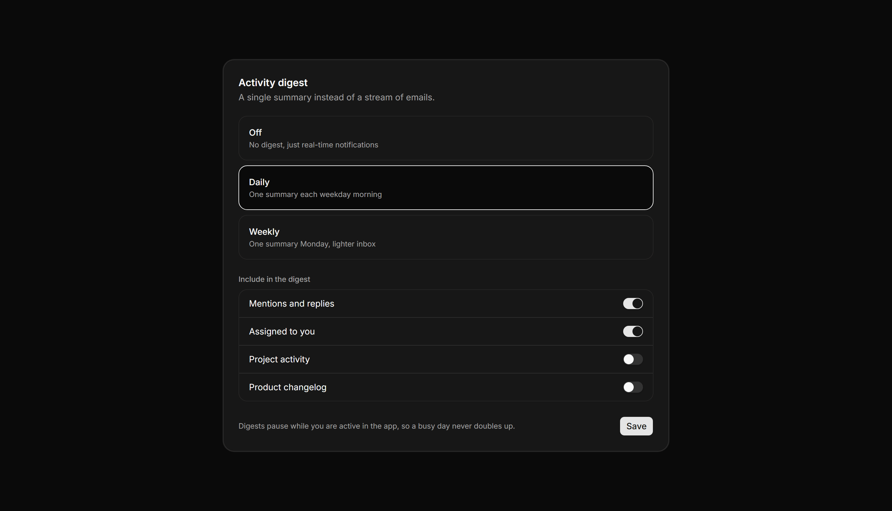Application Notification: Digest Settings Card