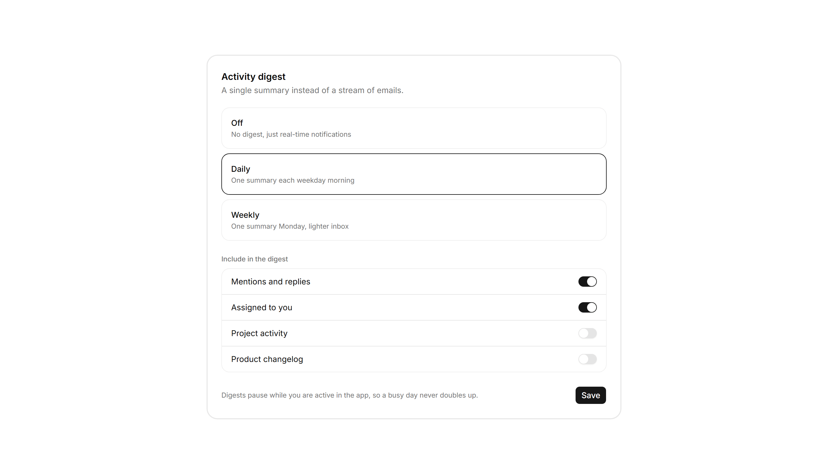 Application Notification: Digest Settings Card