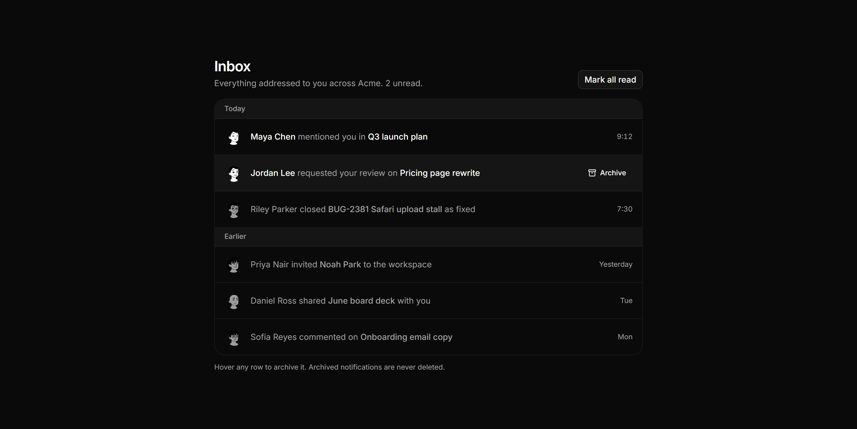 Application Notification: Inbox List Pane