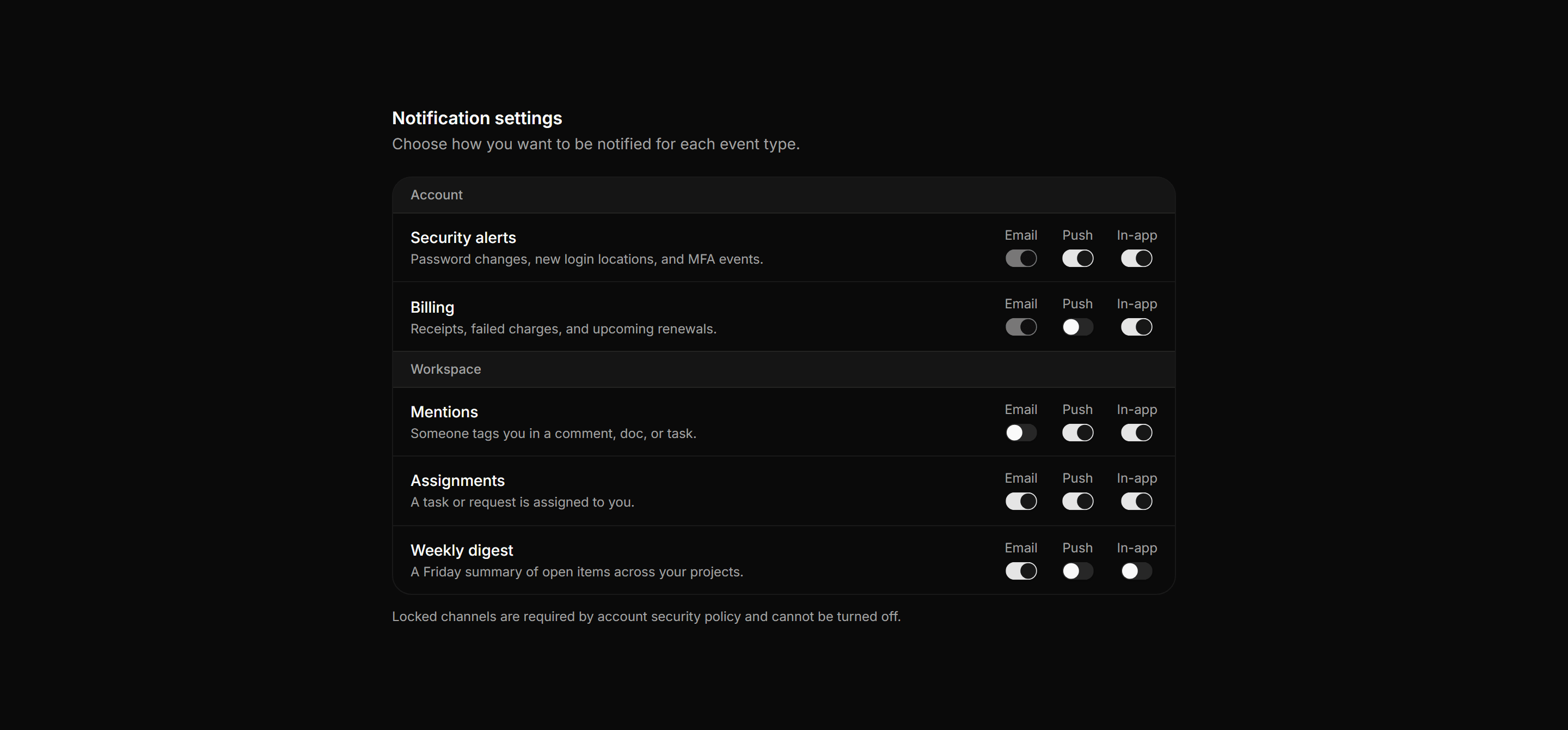 Application Notification: Notification Settings Inline