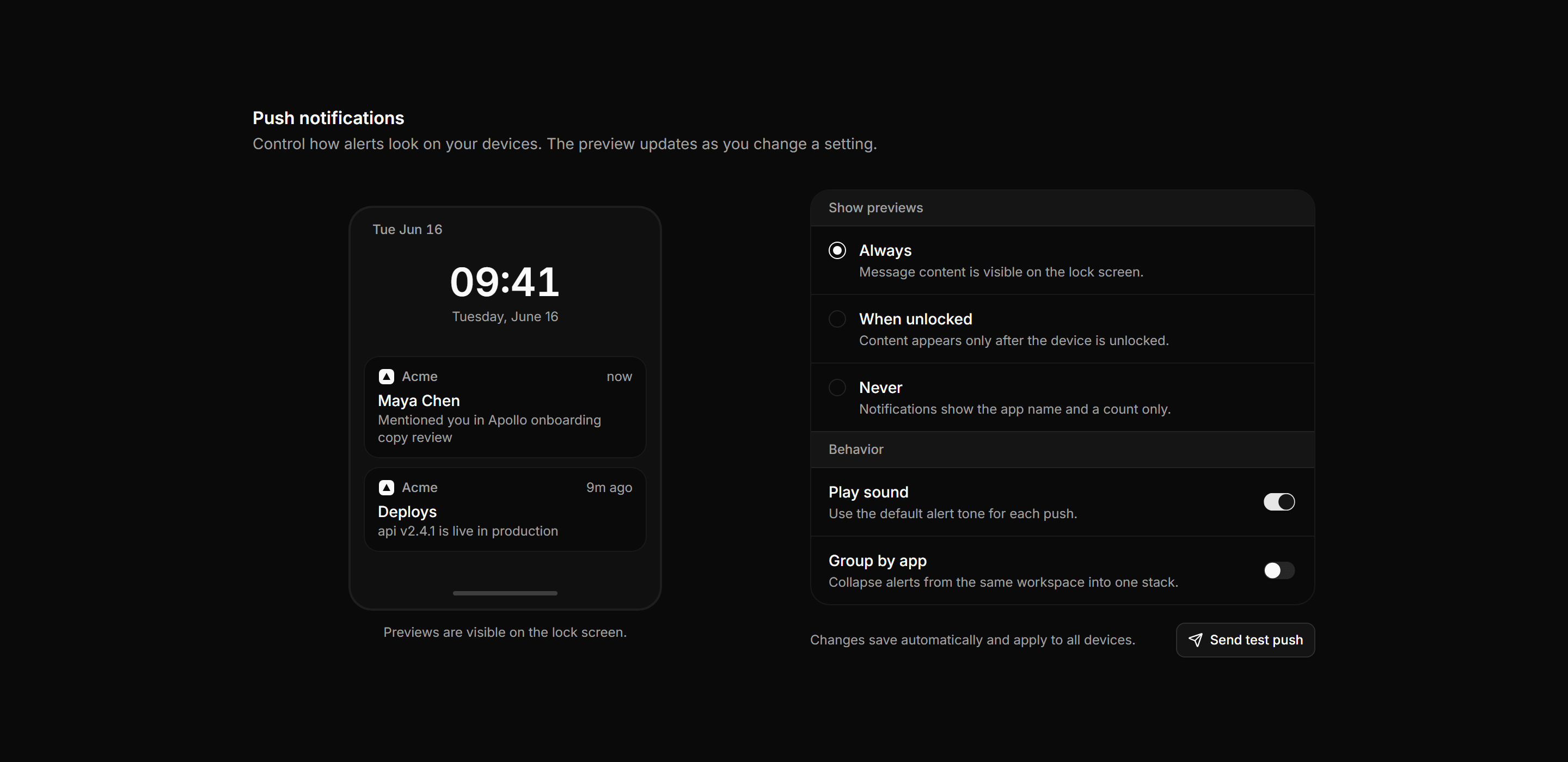 Application Notification: Push Preview Settings