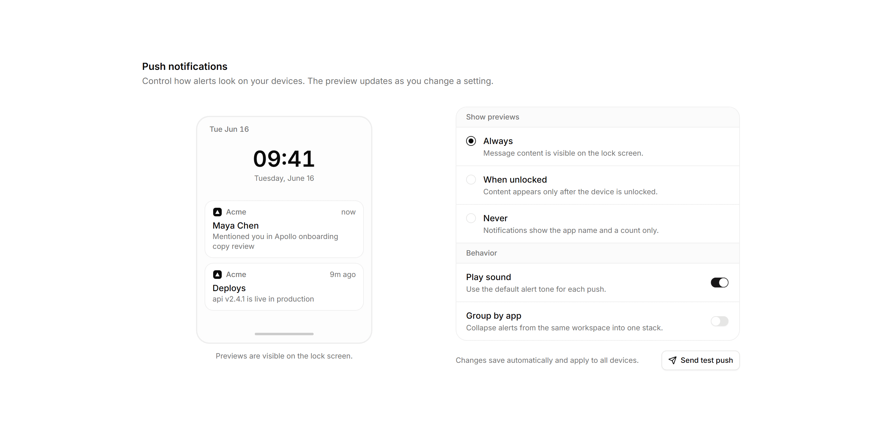 Application Notification: Push Preview Settings