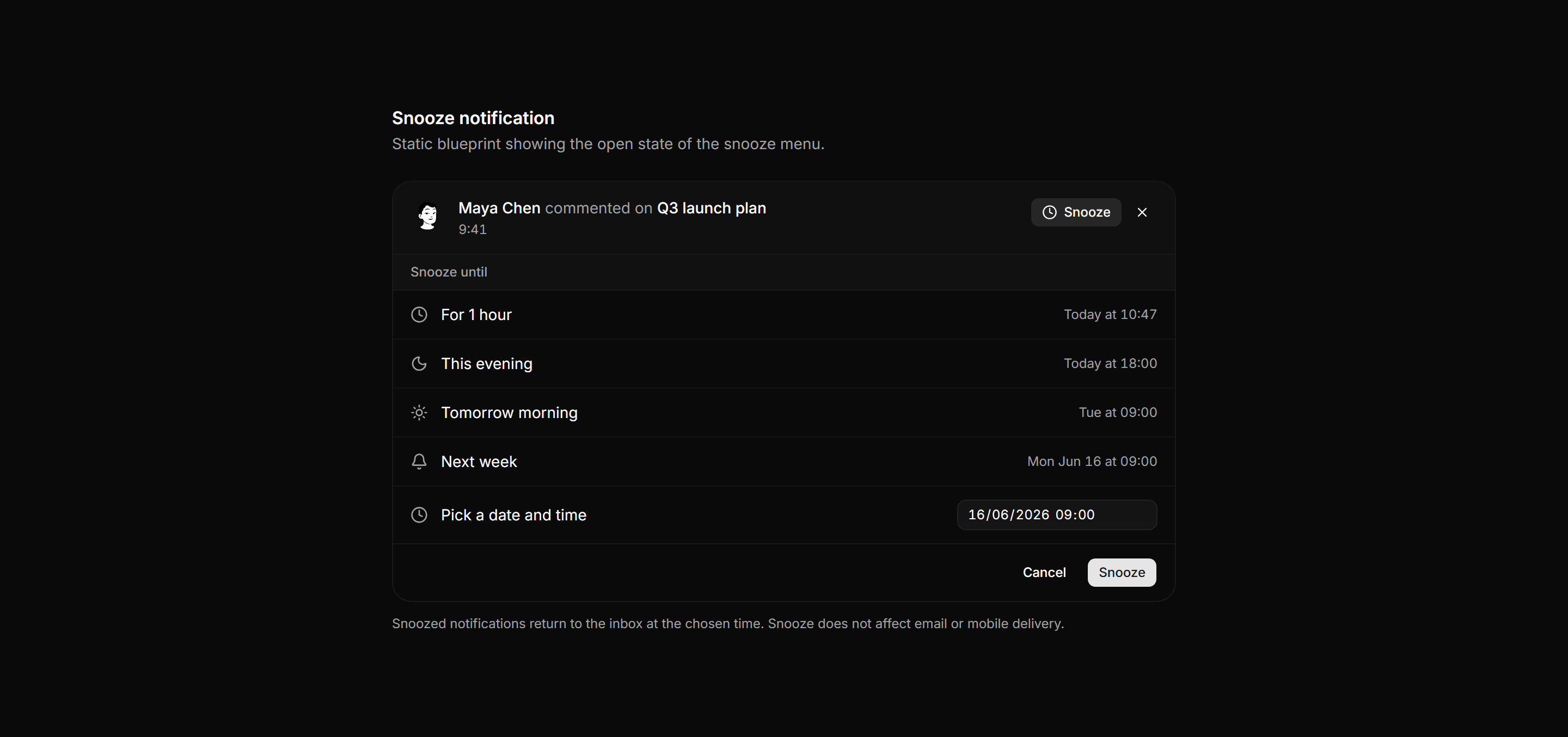 Application Notification: Snooze Options Blueprint
