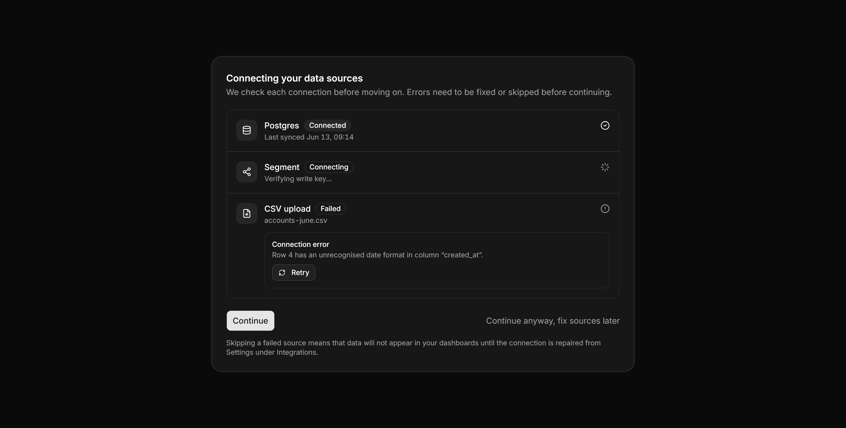 Application Onboarding: Data Source Status