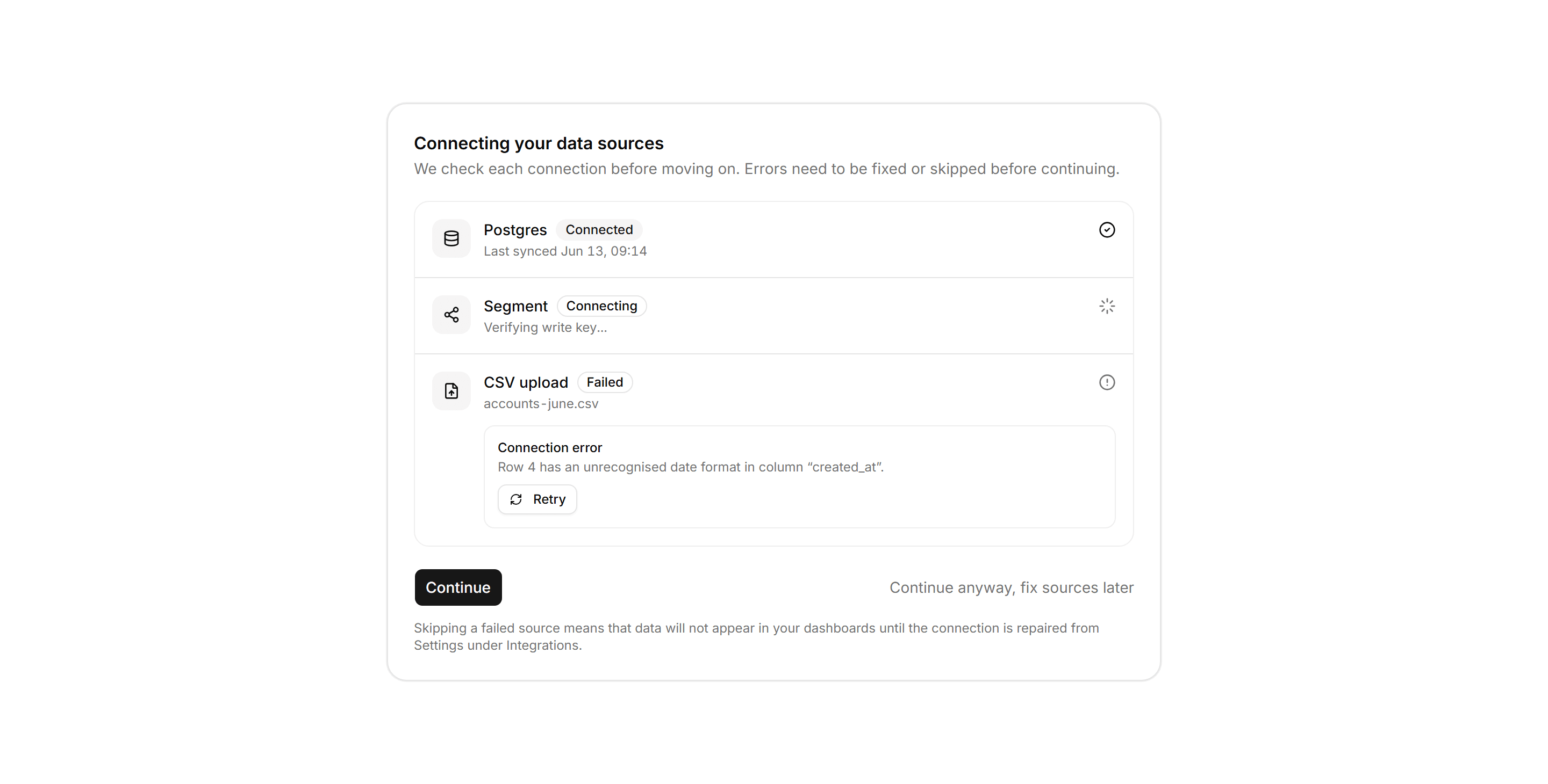 Application Onboarding: Data Source Status
