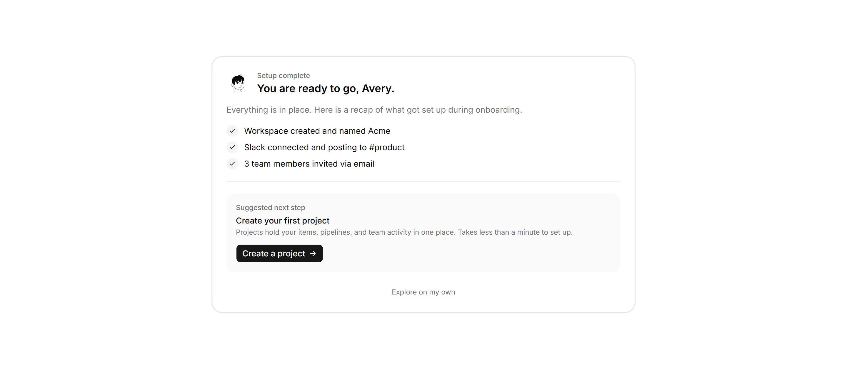 Application Onboarding: Finish Setup Card