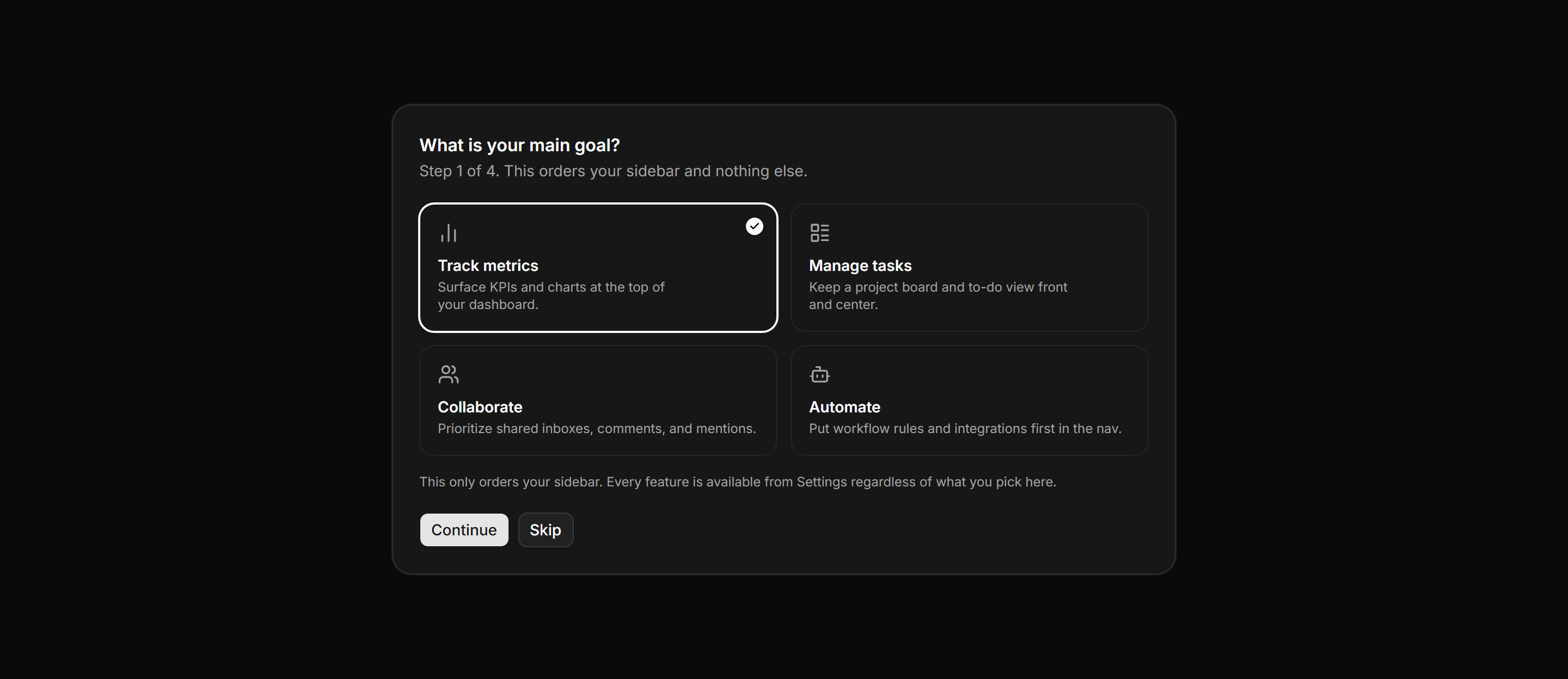 Application Onboarding: Goal Selection Step