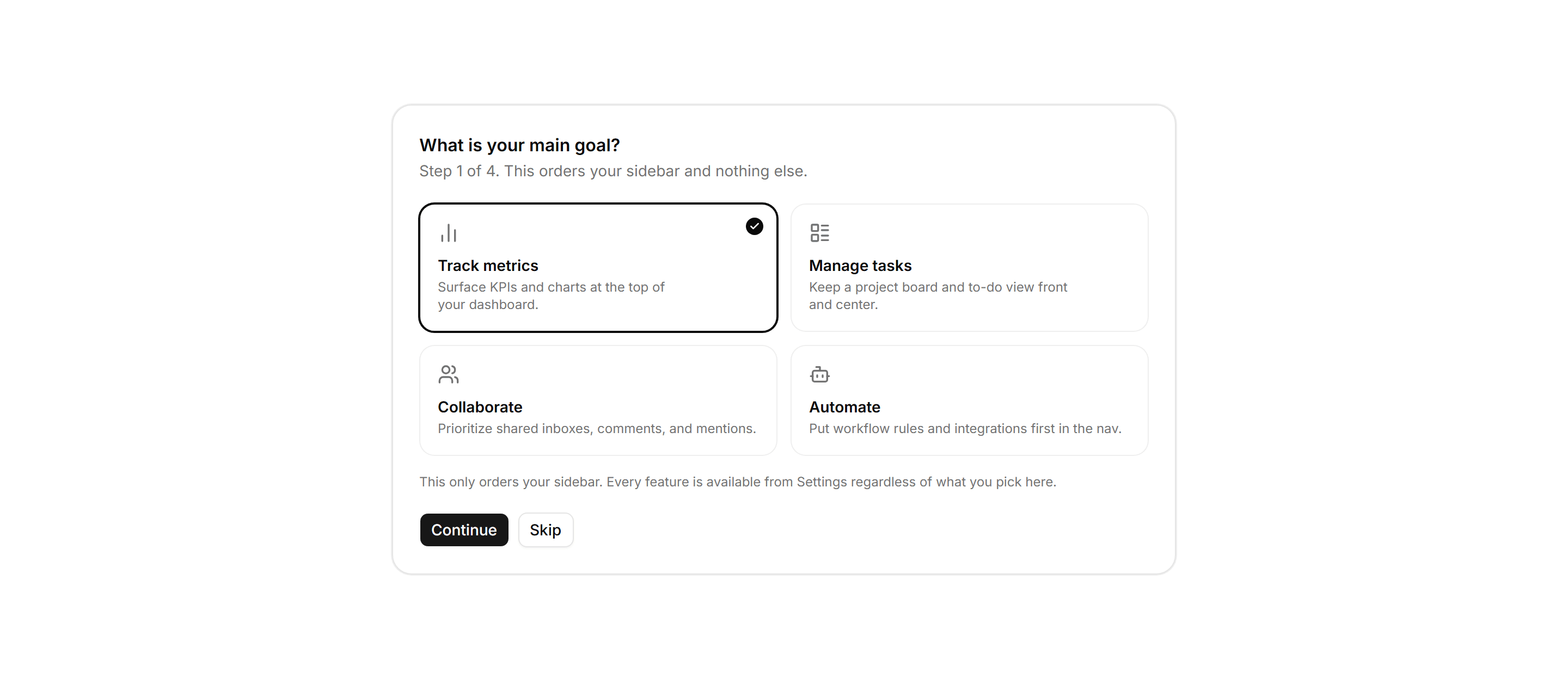 Application Onboarding: Goal Selection Step