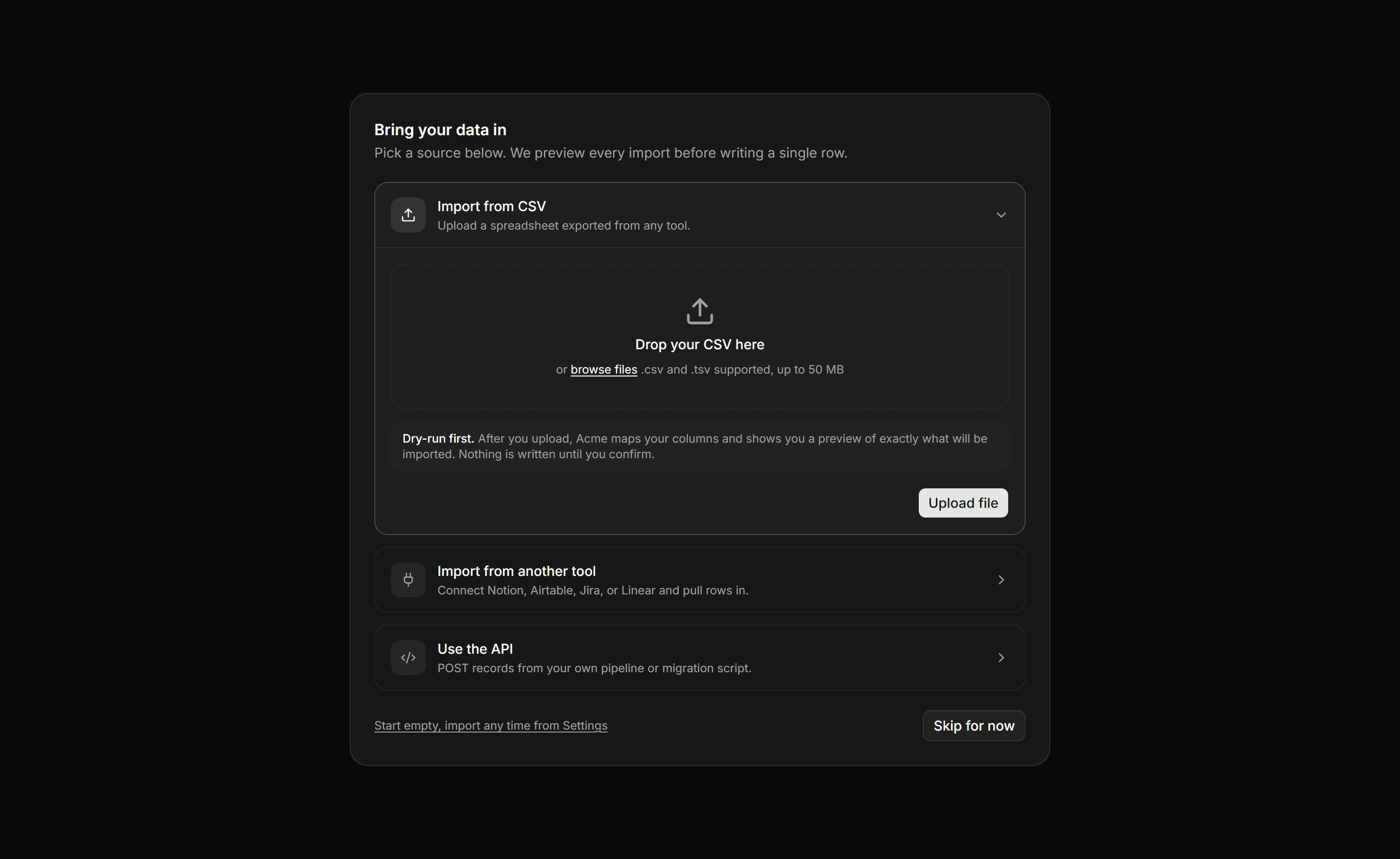 Application Onboarding: Import Data Step