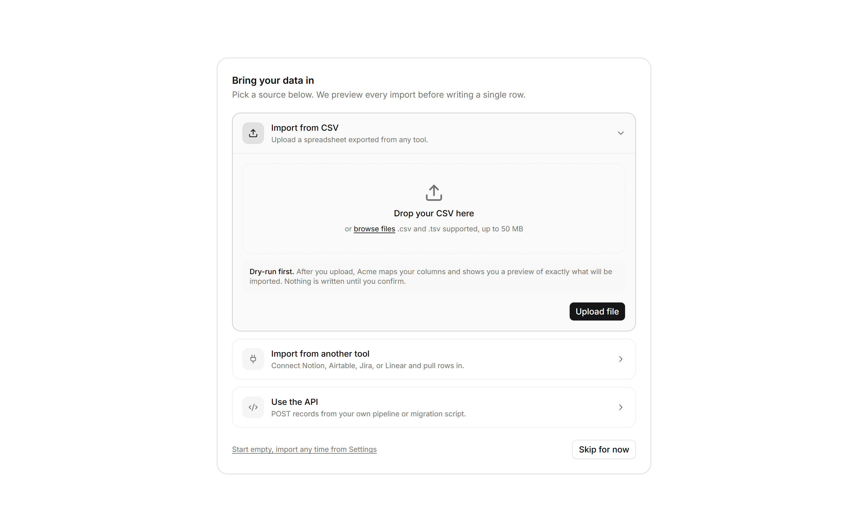 Application Onboarding: Import Data Step
