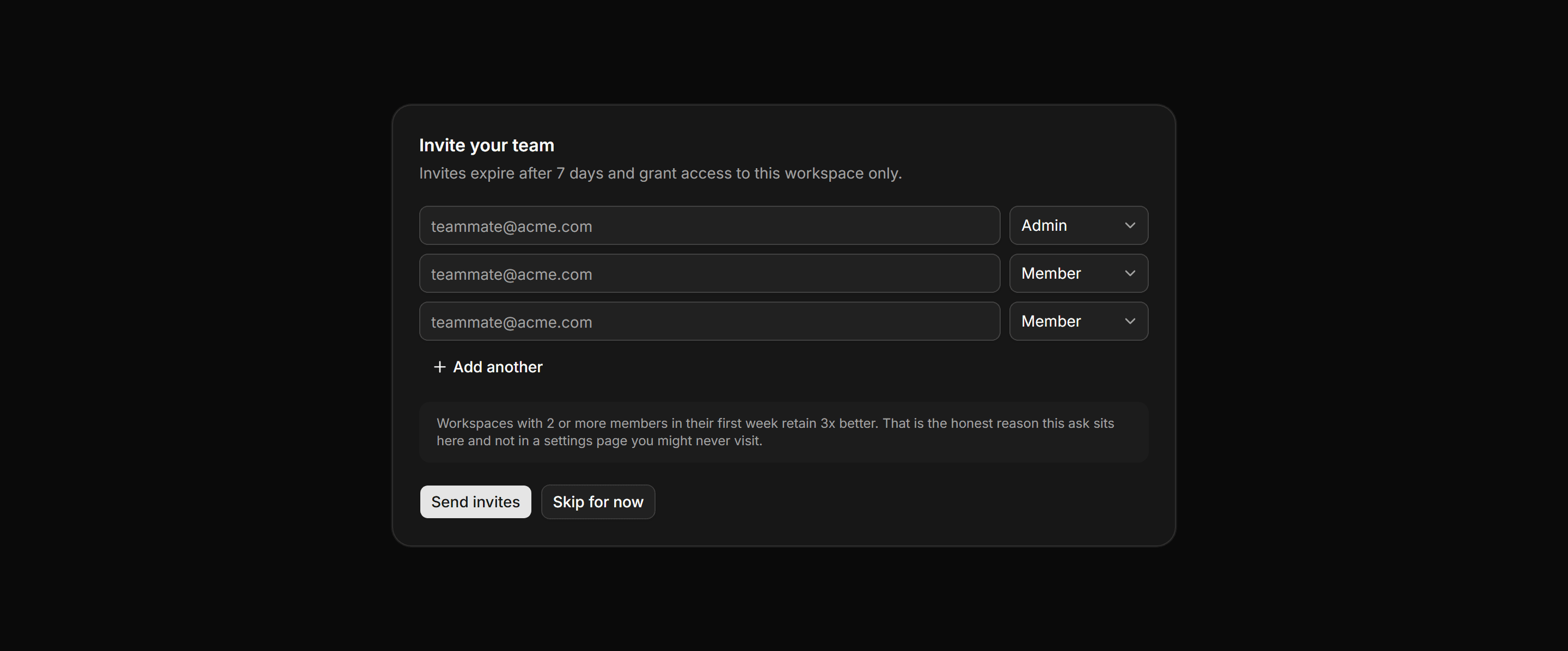 Application Onboarding: Invite Team Panel