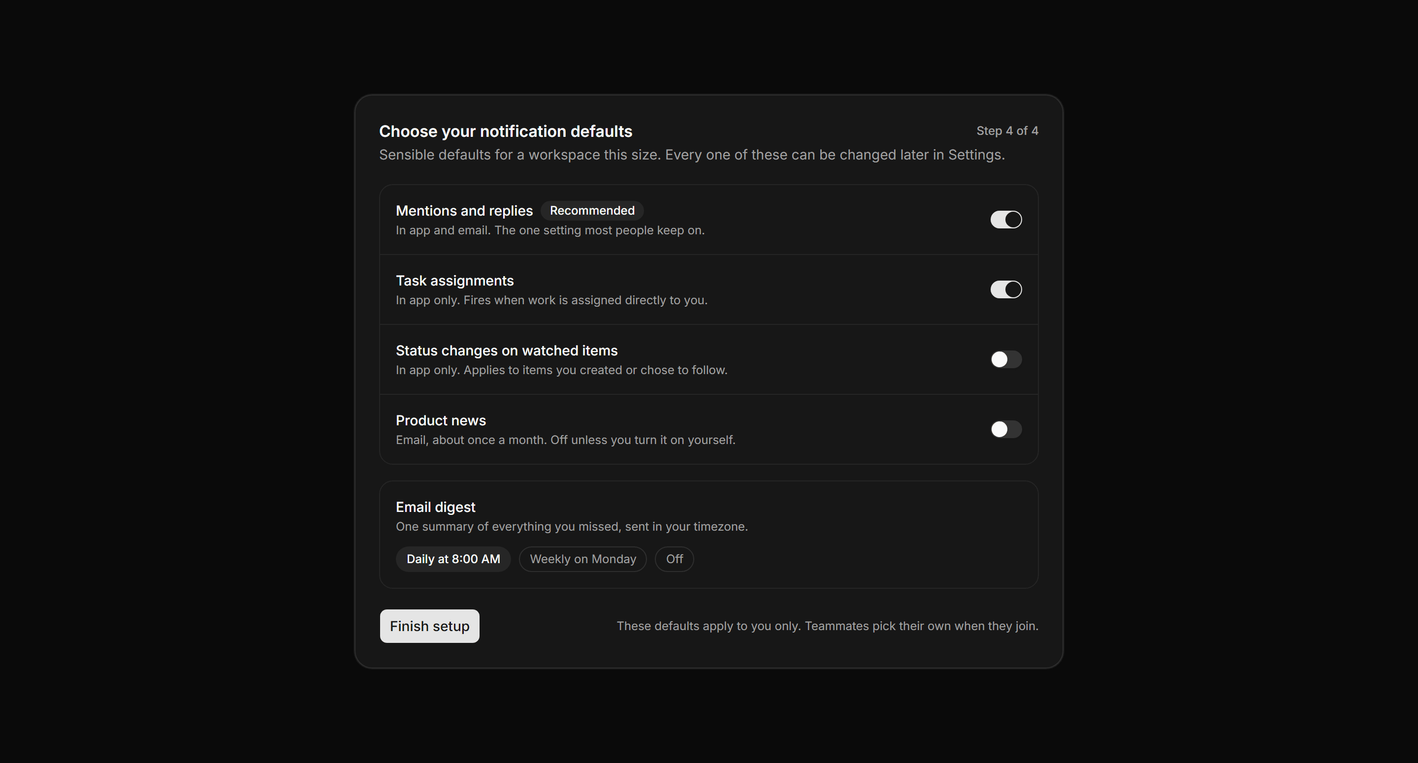 Application Onboarding: Notification Defaults Step
