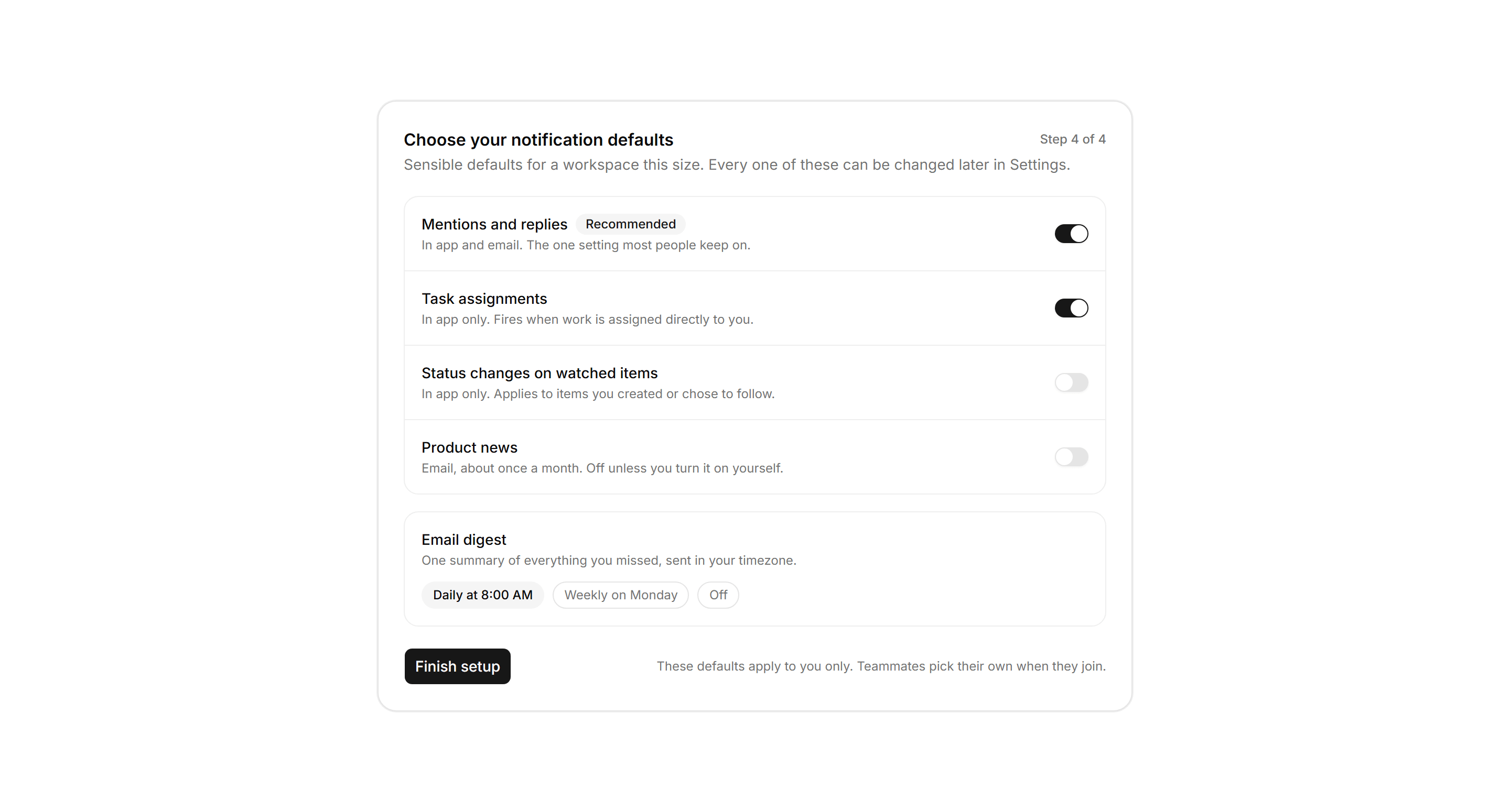 Application Onboarding: Notification Defaults Step