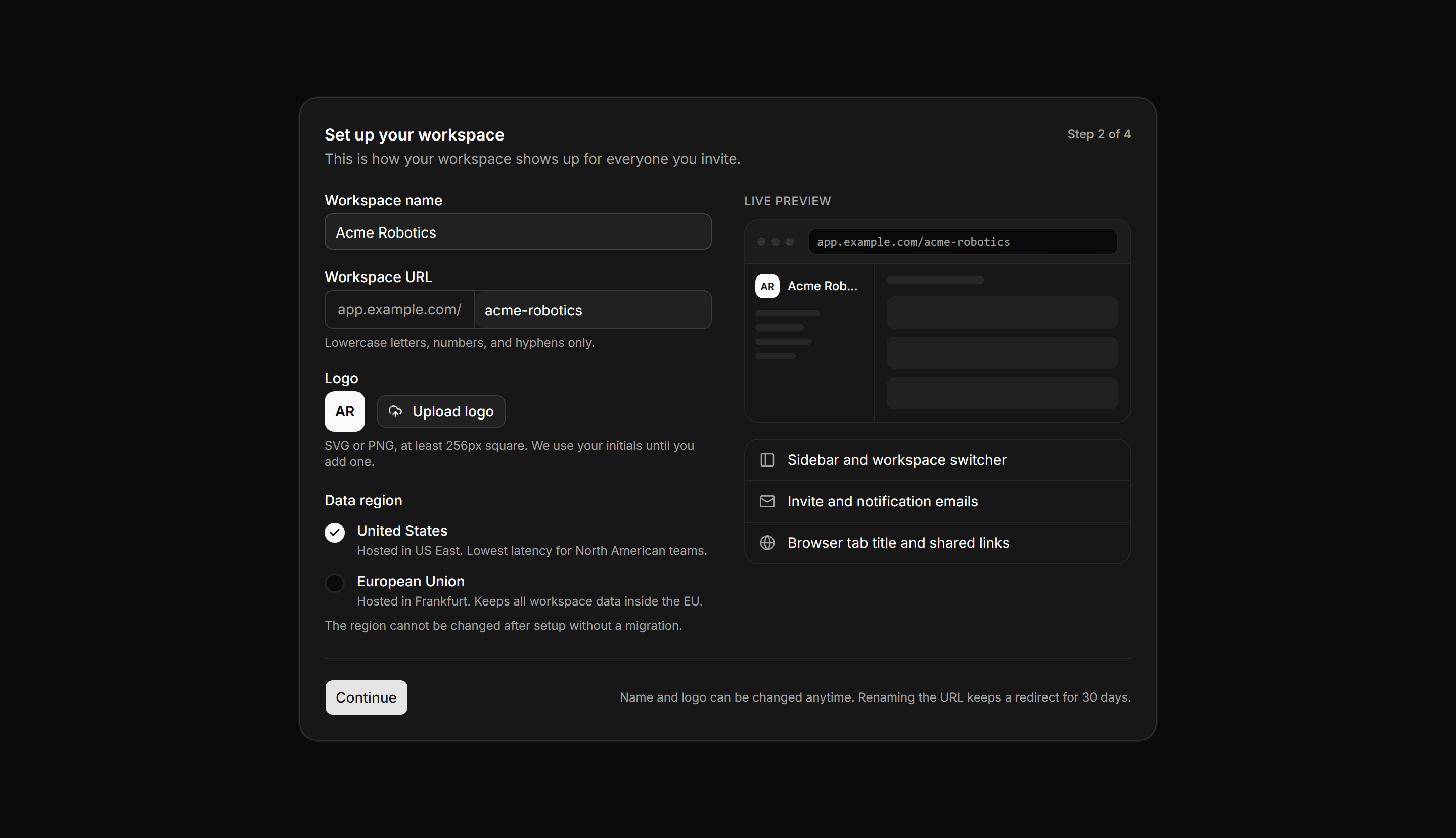 Application Onboarding: Workspace Profile Step