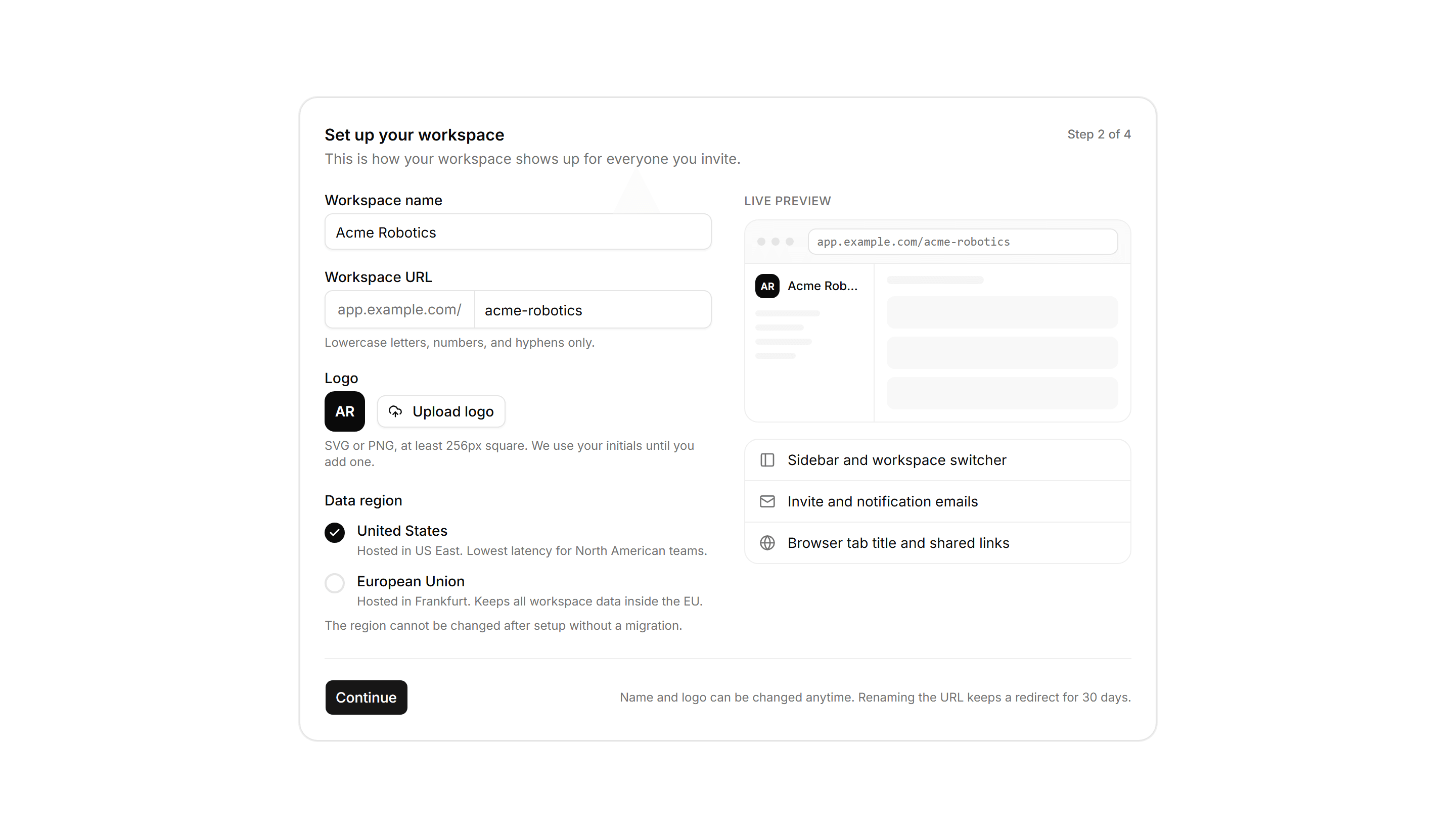 Application Onboarding: Workspace Profile Step