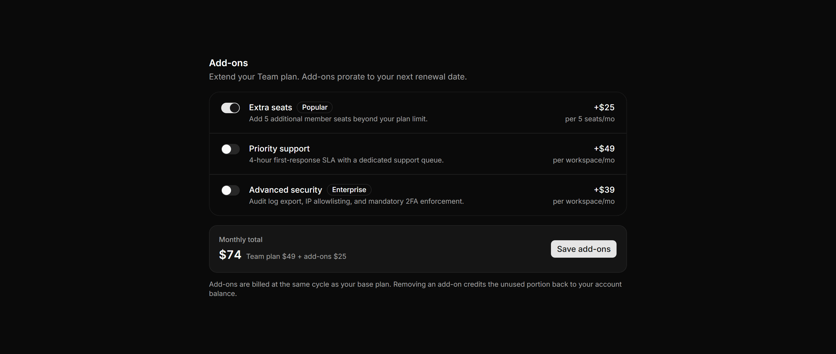 Application Pricing and Plan: Addon Selector