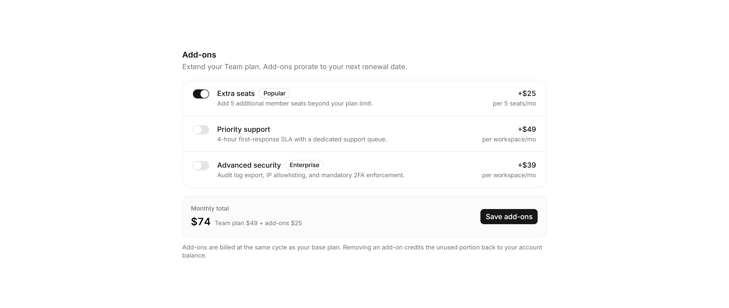 Application Pricing and Plan: Addon Selector