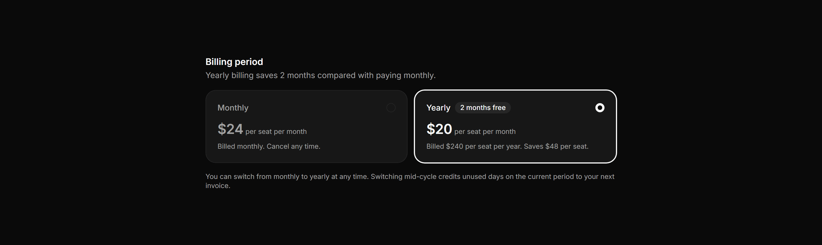 Application Pricing and Plan: Billing Period Toggle