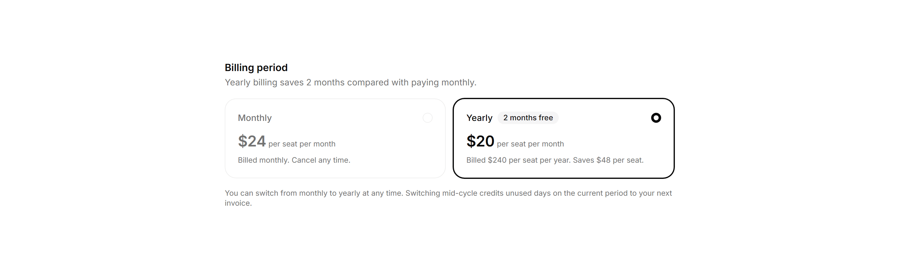 Application Pricing and Plan: Billing Period Toggle