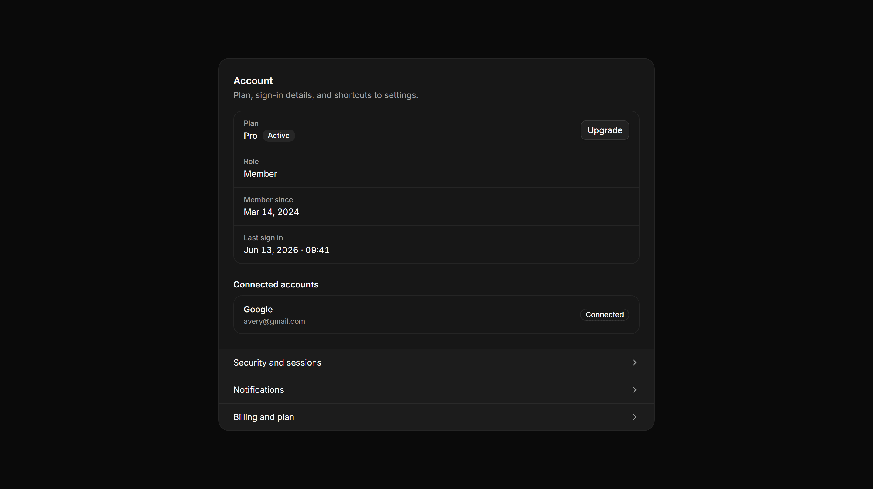 Application Profile and Account: Account Overview Card