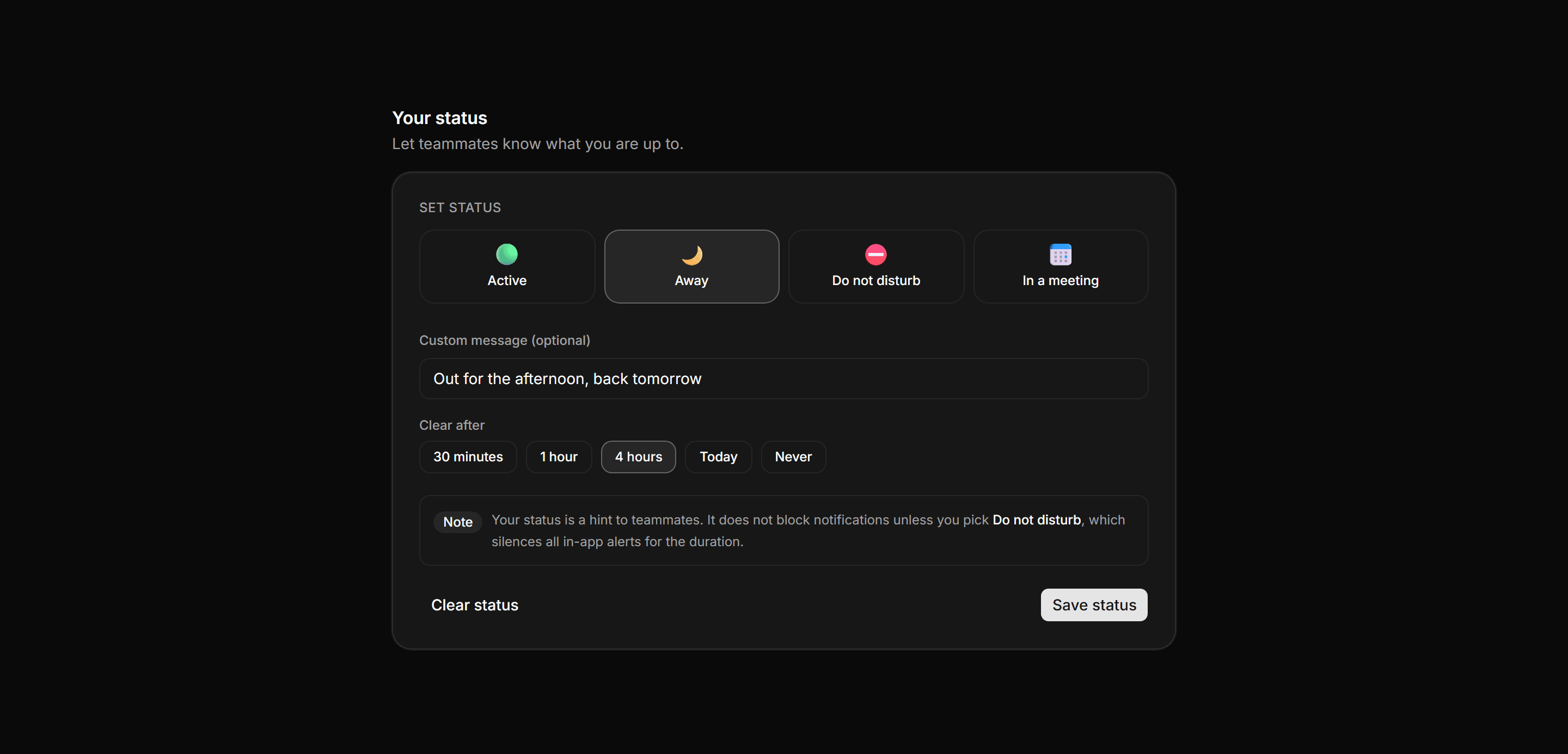 Application Profile and Account: Away Status Card