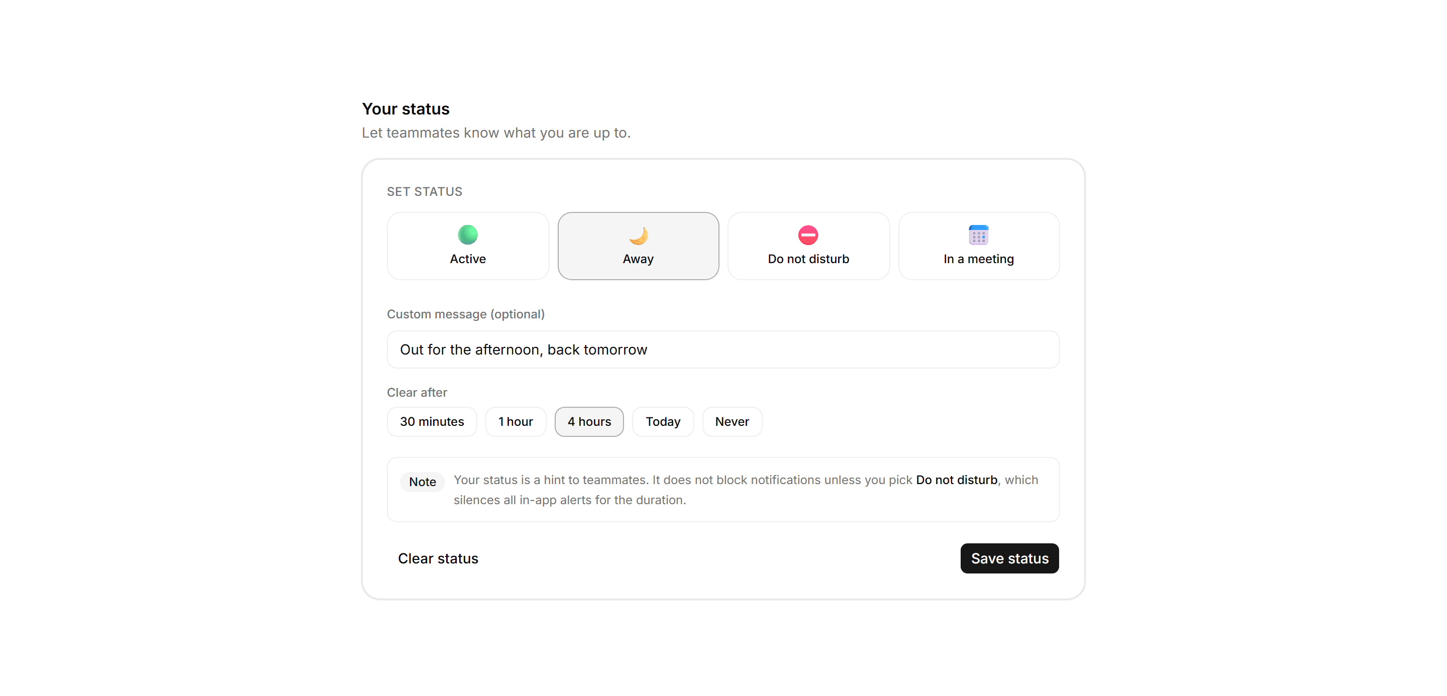 Application Profile and Account: Away Status Card