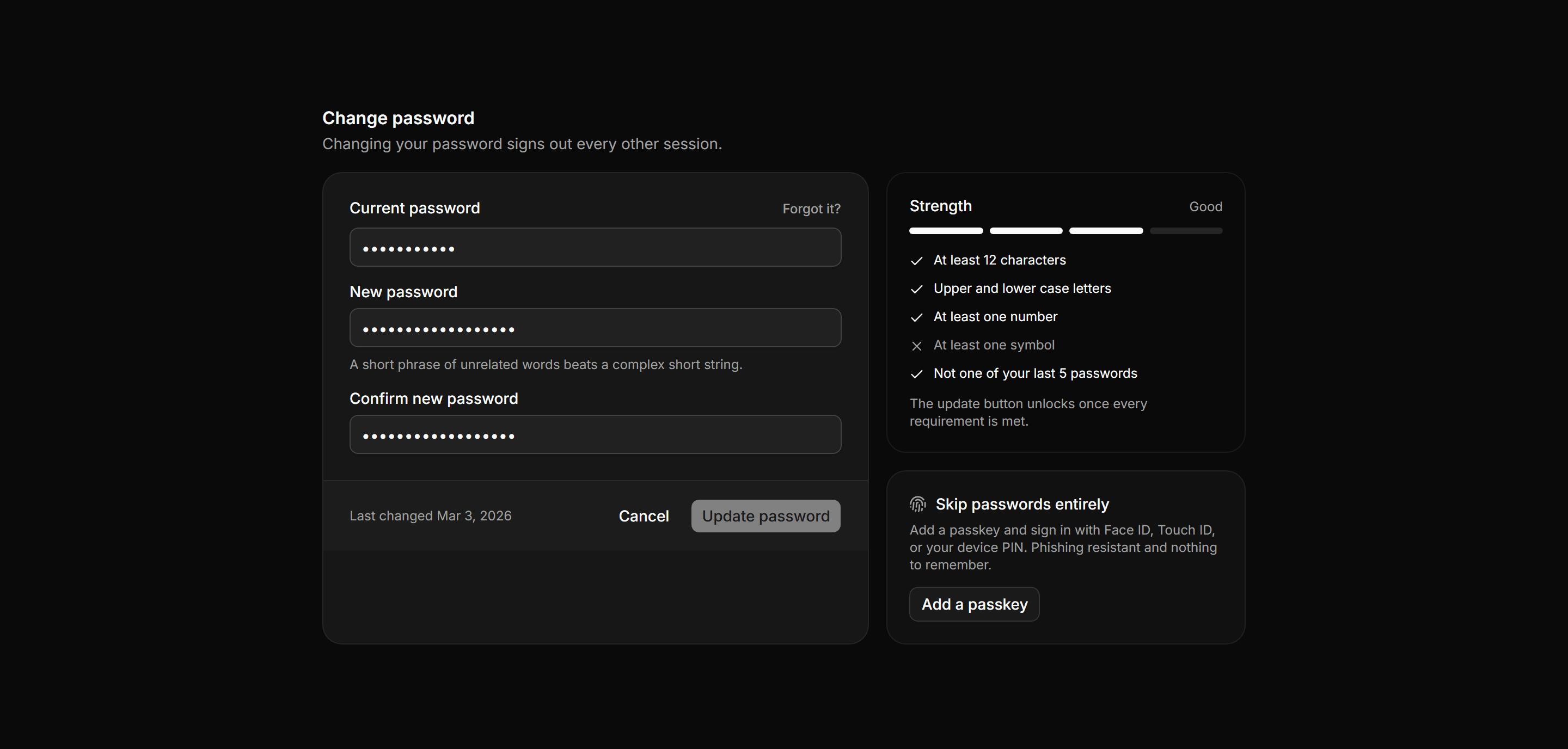 Application Profile and Account: Change Password Card