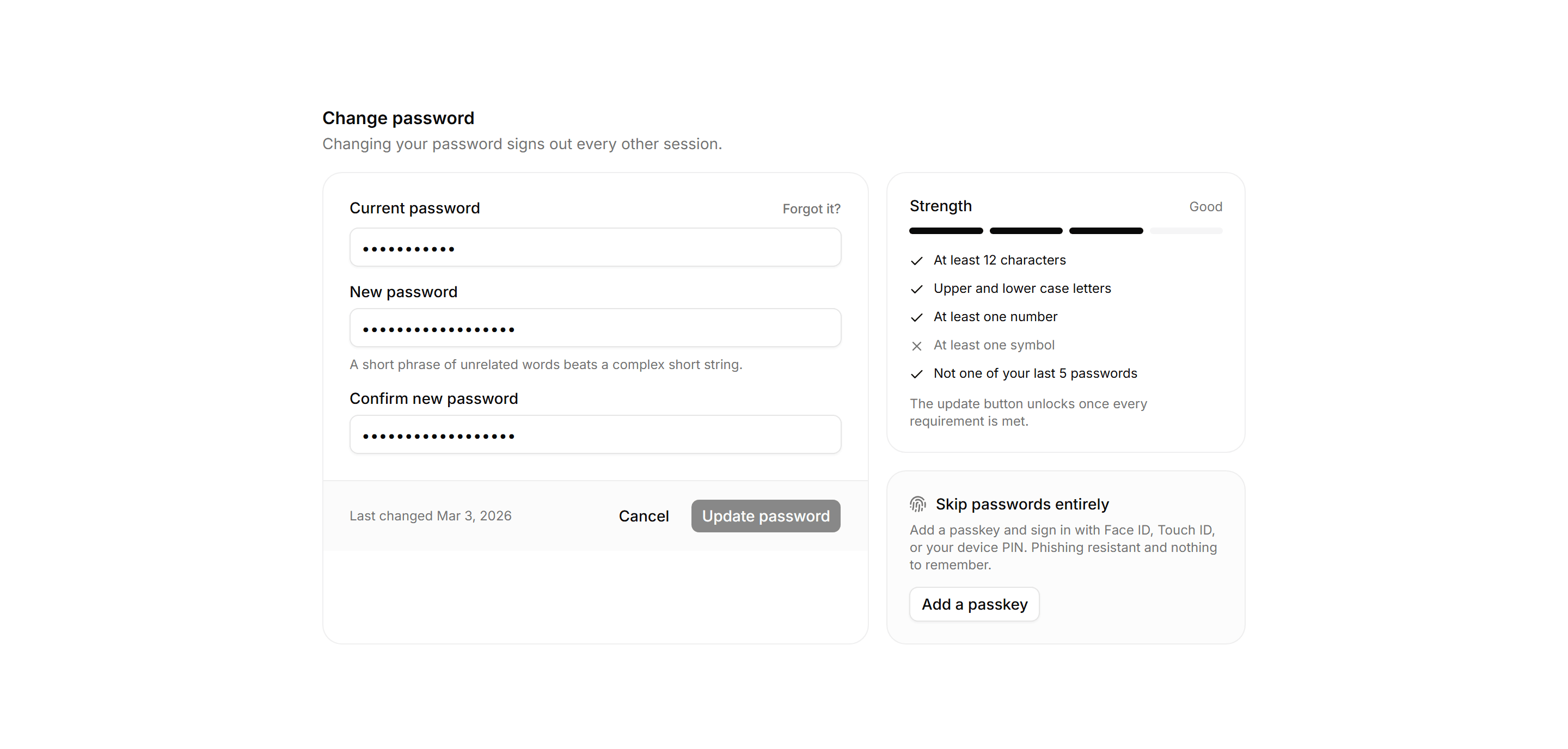 Application Profile and Account: Change Password Card