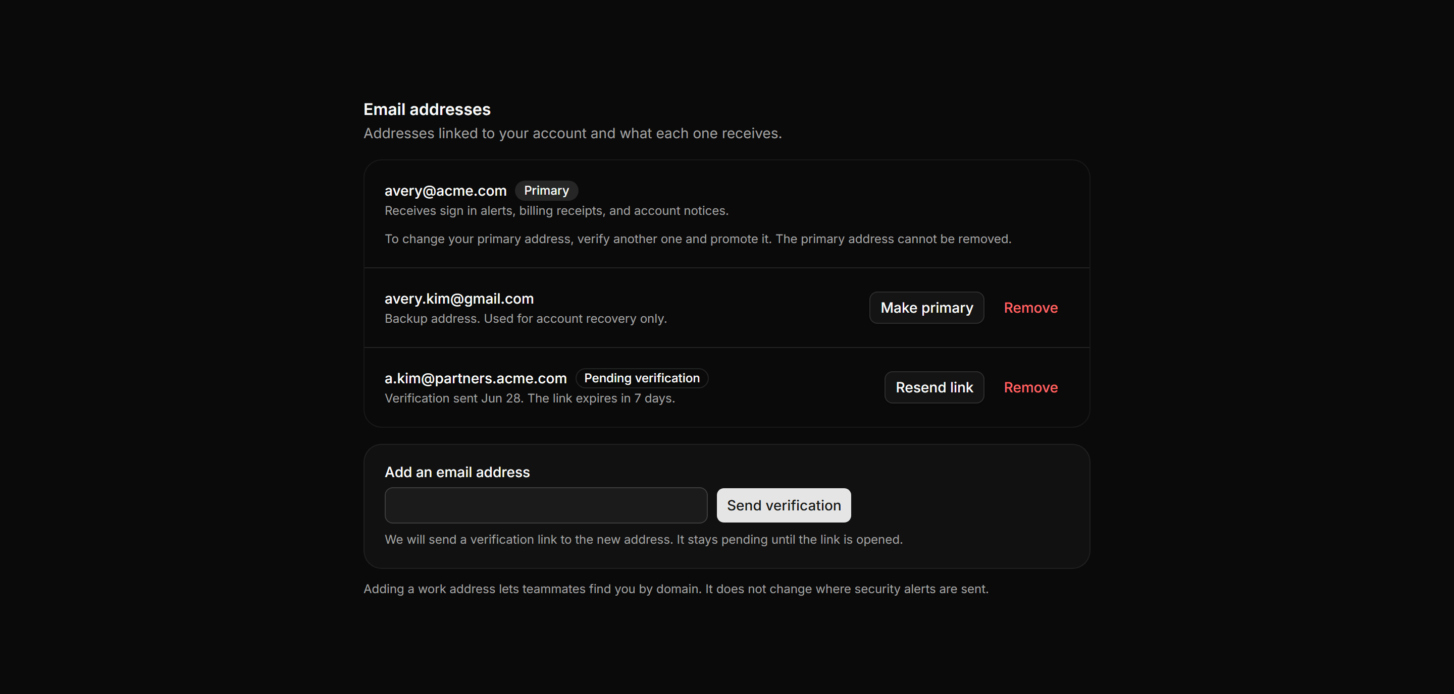 Application Profile and Account: Email Addresses Card