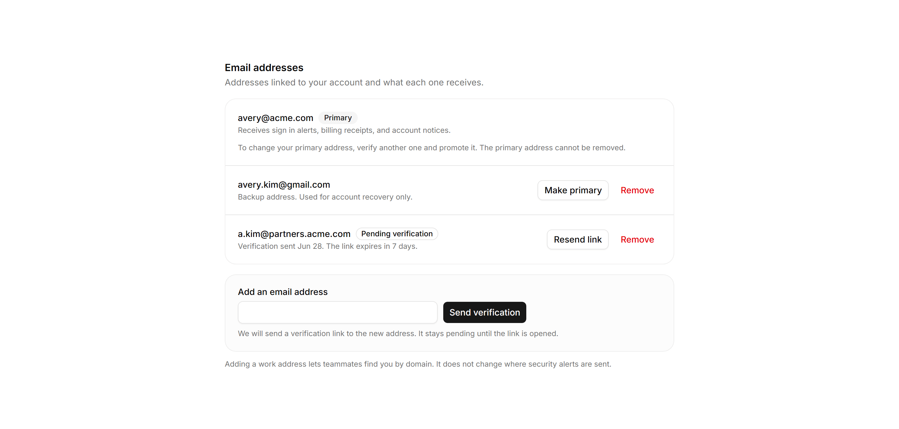 Application Profile and Account: Email Addresses Card