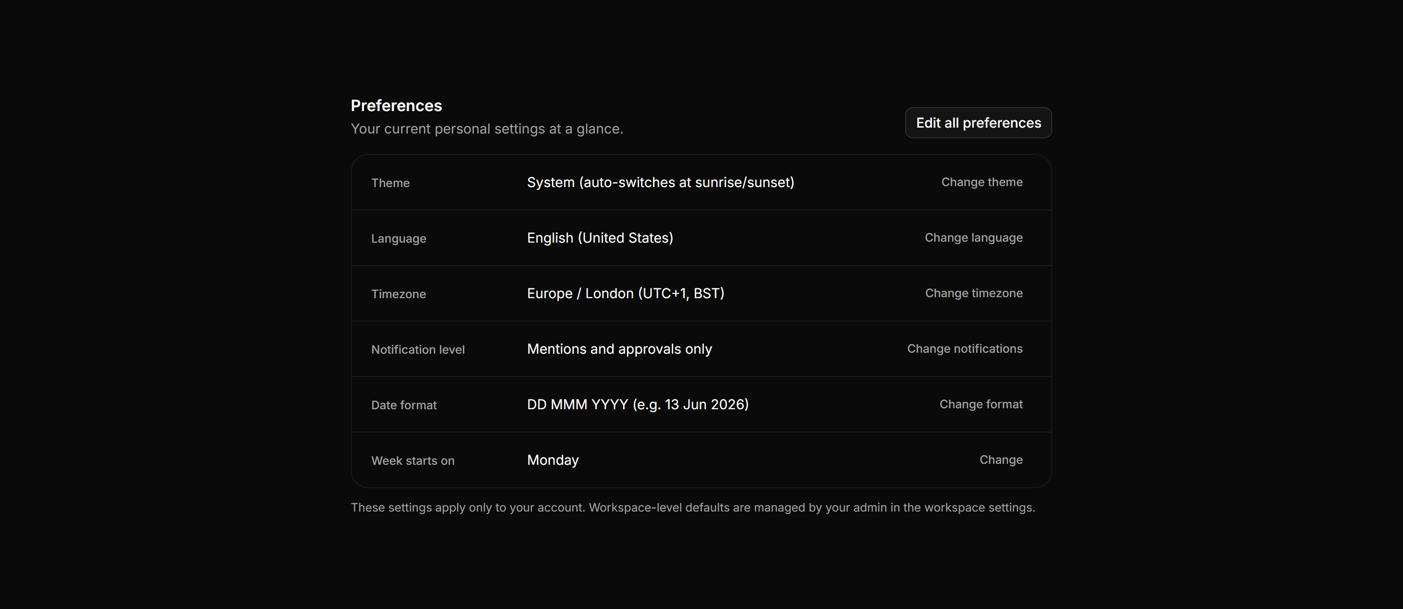 Application Profile and Account: Preferences Summary