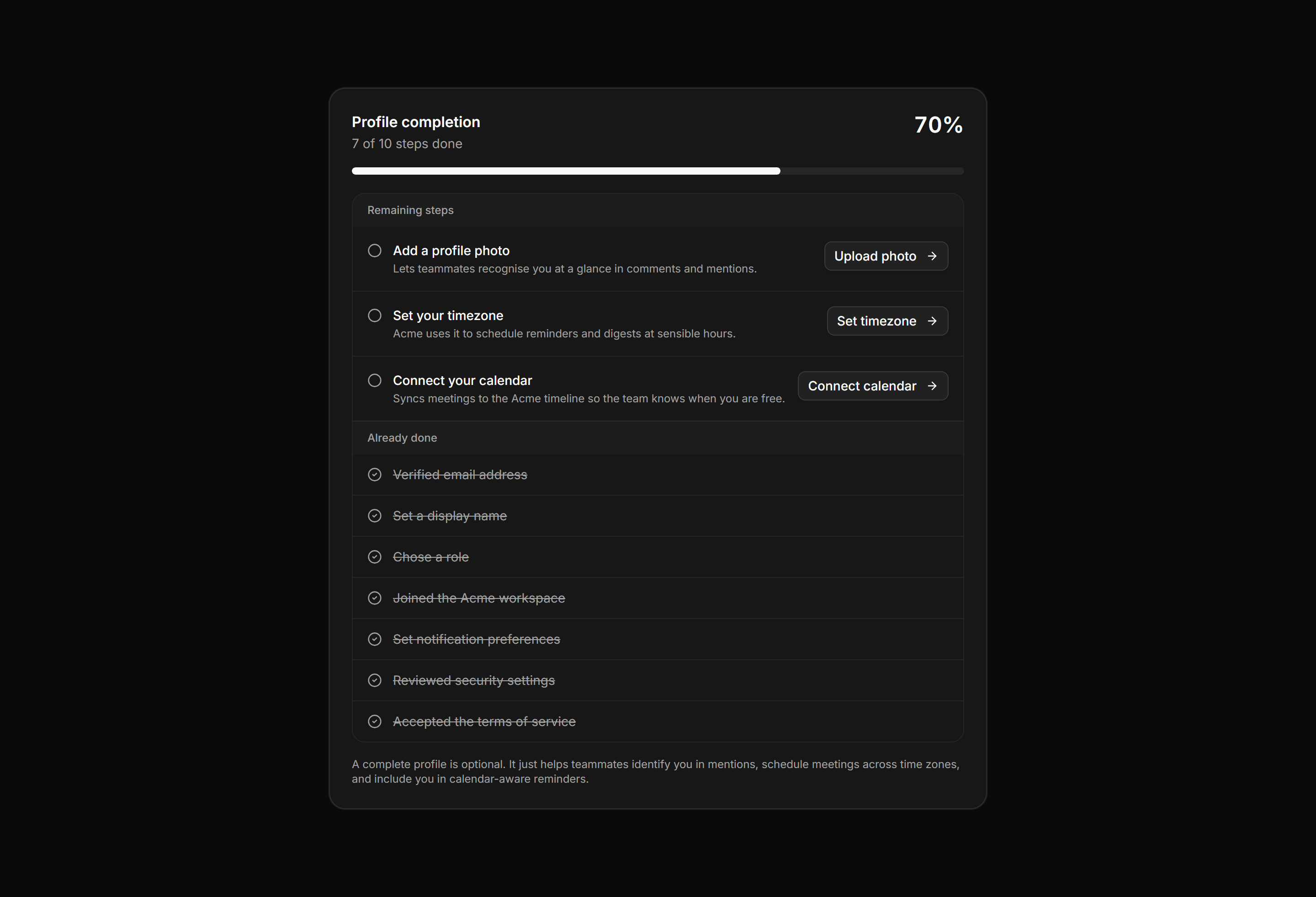 Application Profile and Account: Profile Completion Card