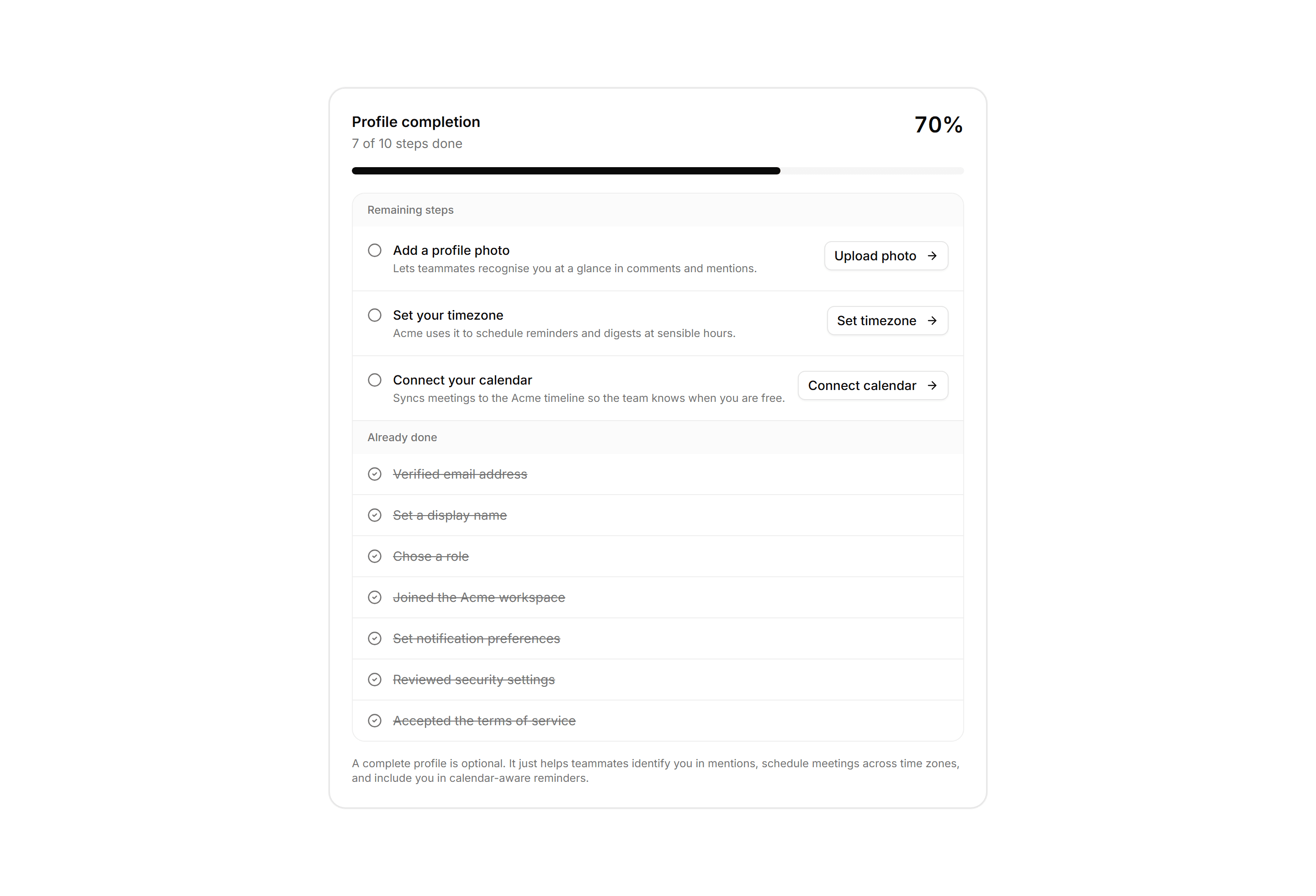 Application Profile and Account: Profile Completion Card