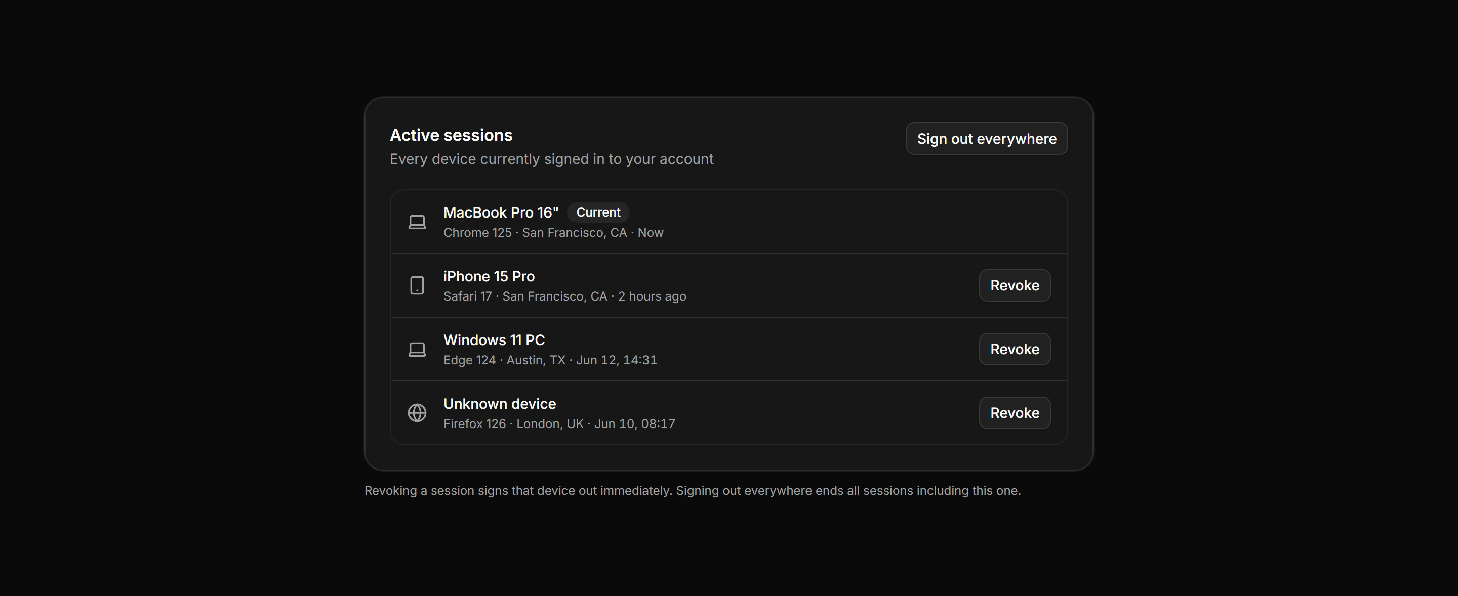 Application Profile and Account: Sessions List Card