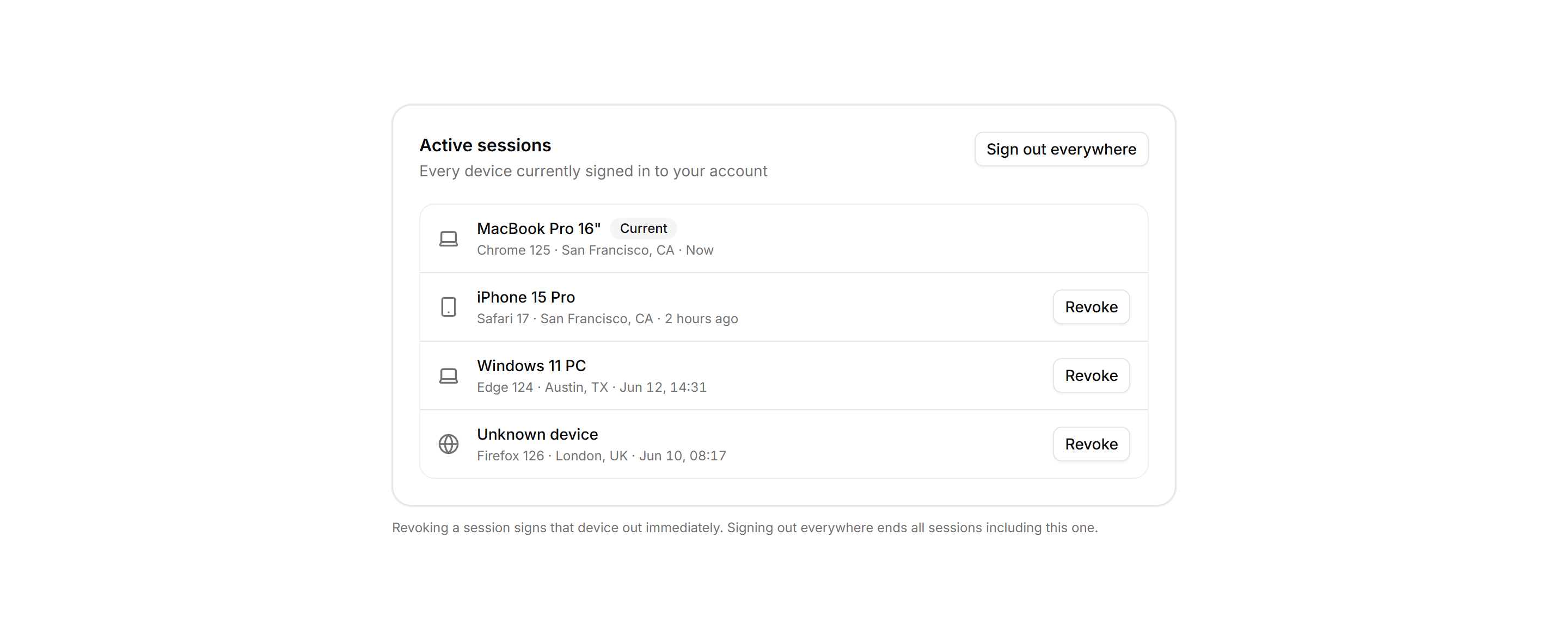Application Profile and Account: Sessions List Card