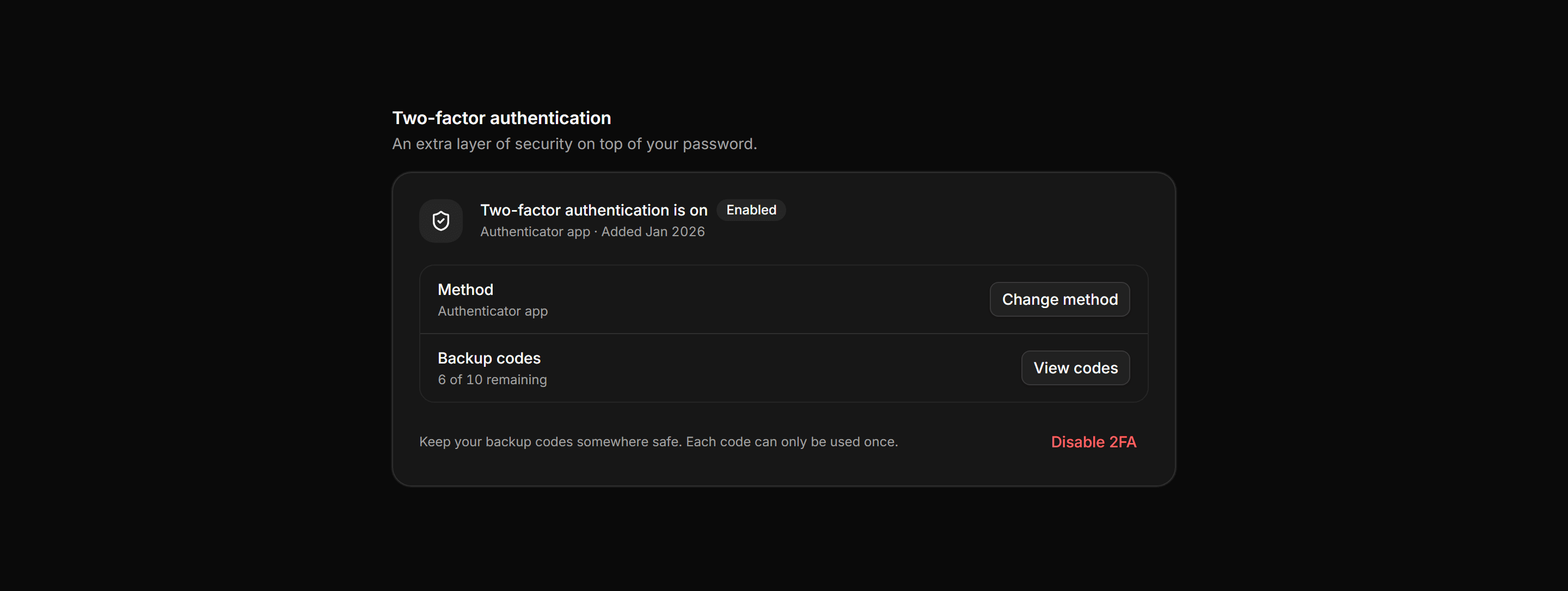 Application Profile and Account: Two Factor Status Card